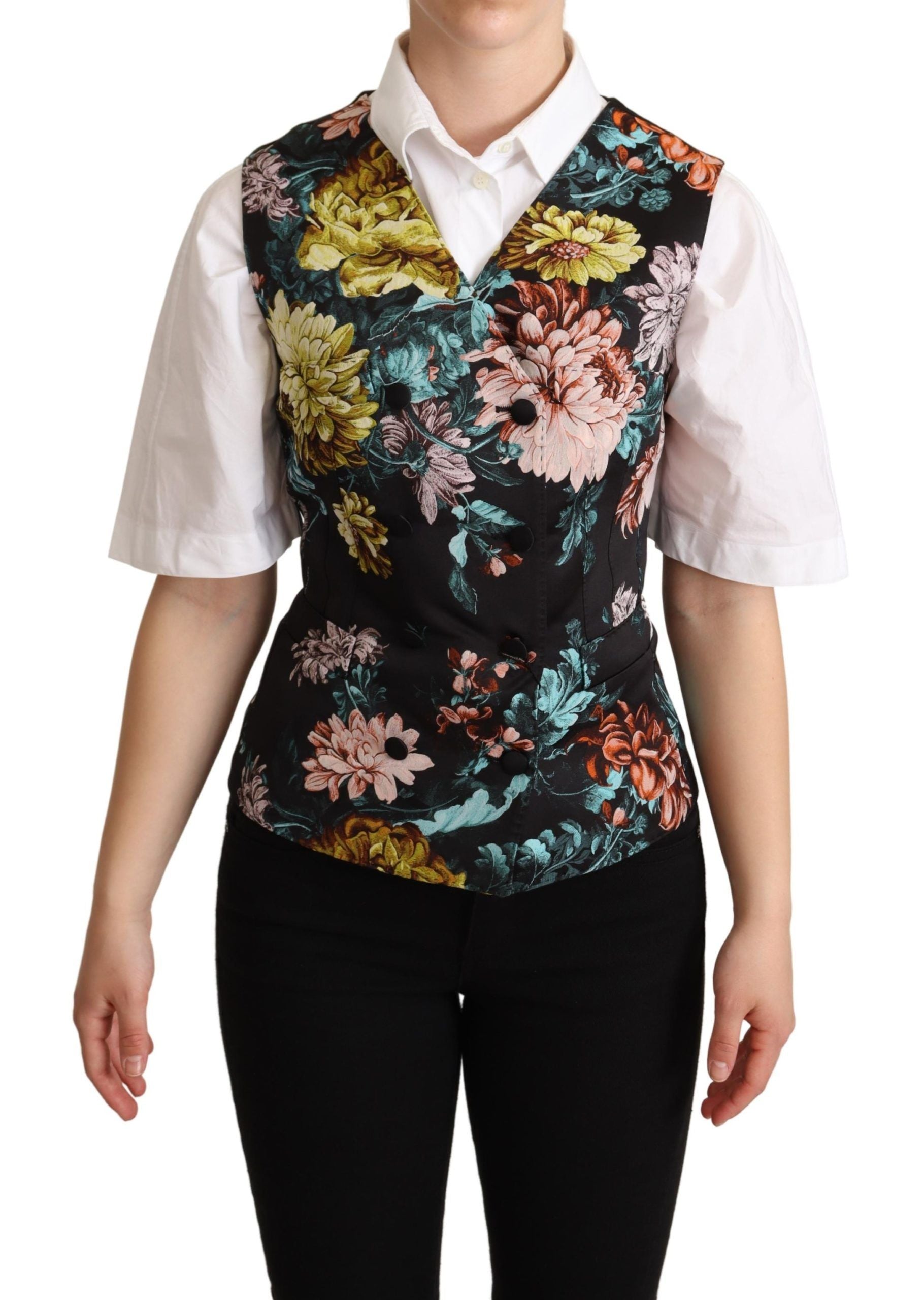 Gilet en jacquard floral noir de Dolce & Gabbana, veste cintrée élégante avec motifs floraux sophistiqués.