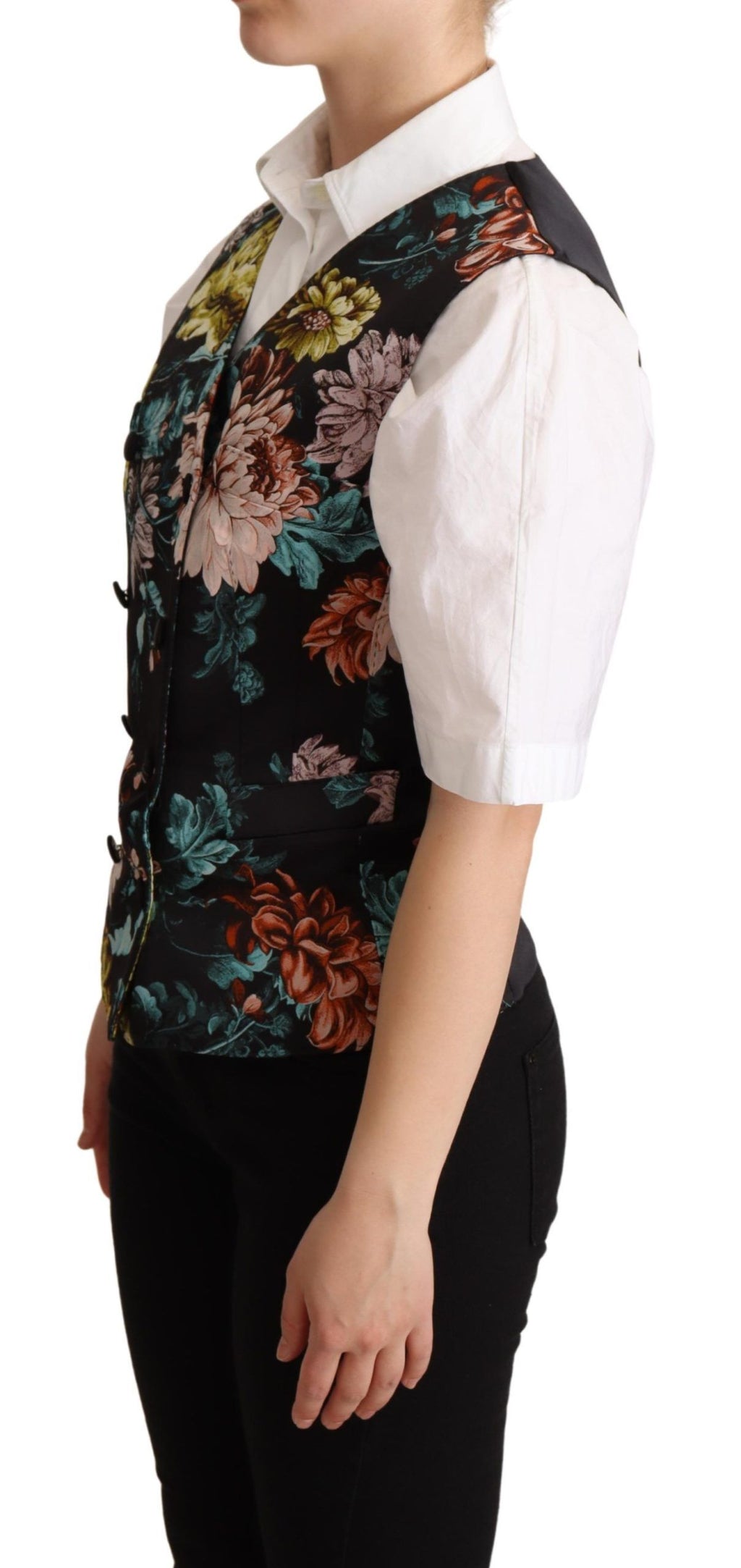 Gilet à jacquard floral noir Dolce & Gabbana, veste cintrée élégante avec motif floral pour homme.