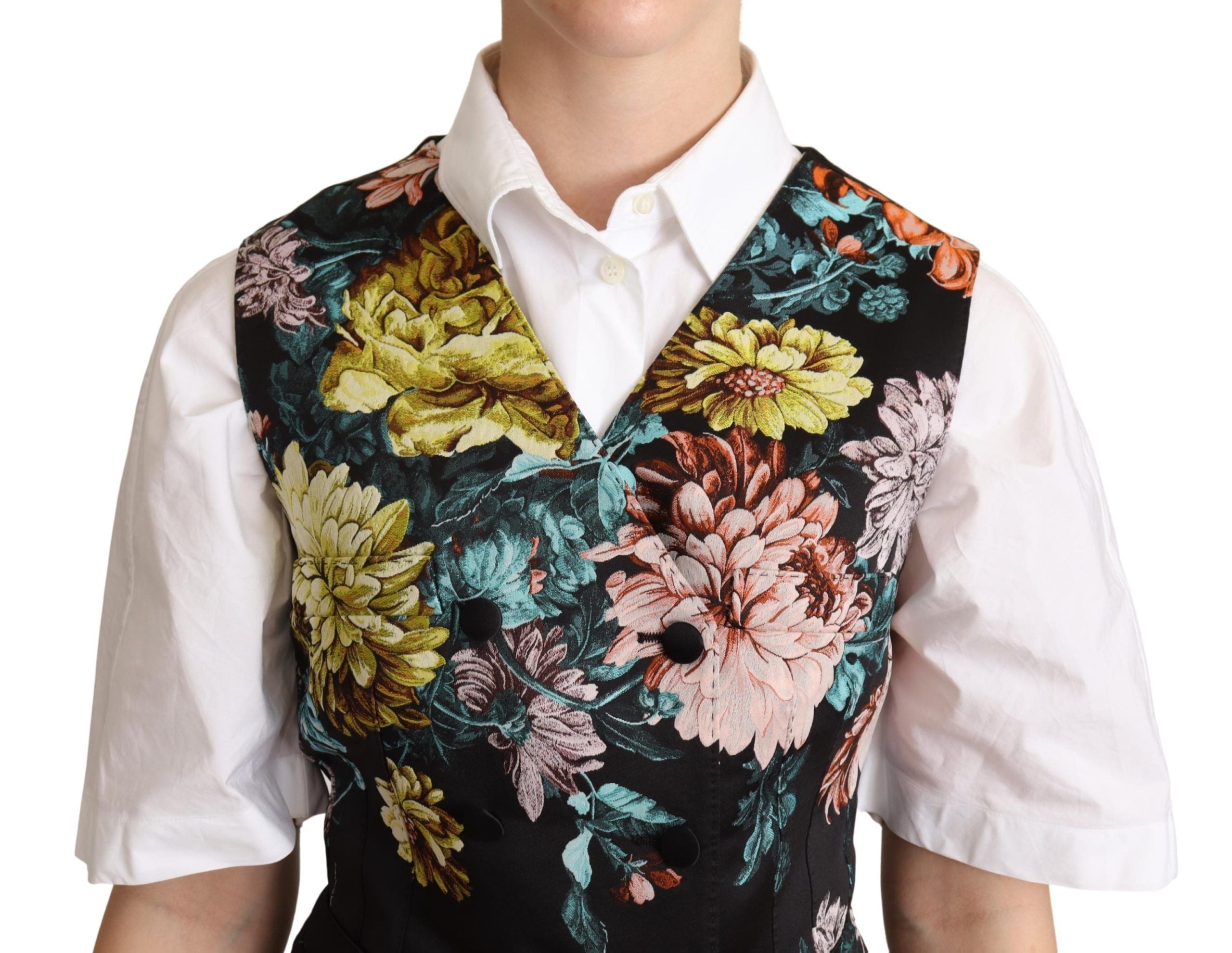 Gilet en jacquard floral noir de Dolce & Gabbana, veste élégante à la taille avec motif floral sophistiqué.