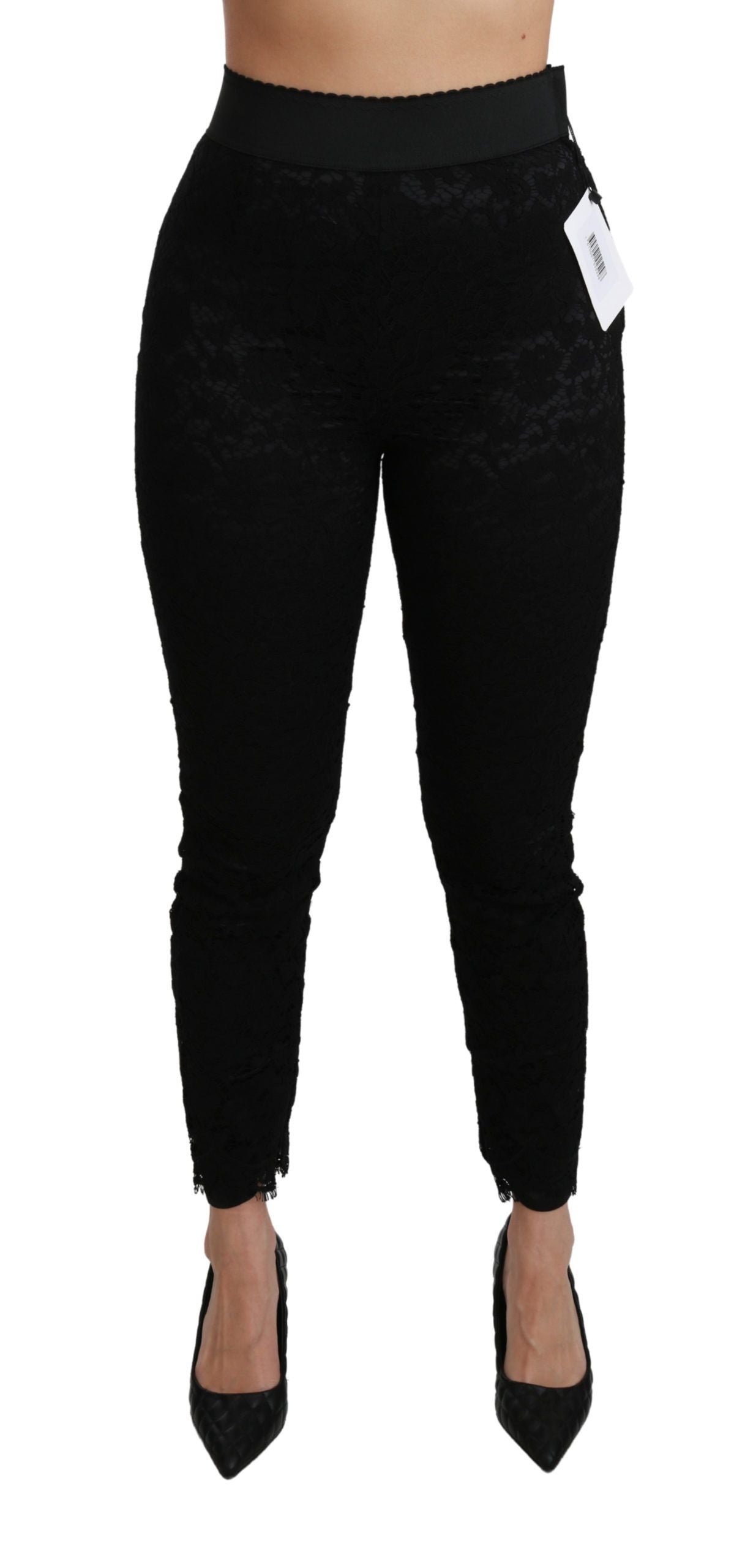Pantalons skinny noirs Dolce & Gabbana en coton avec taille haute et dentelle élégante.