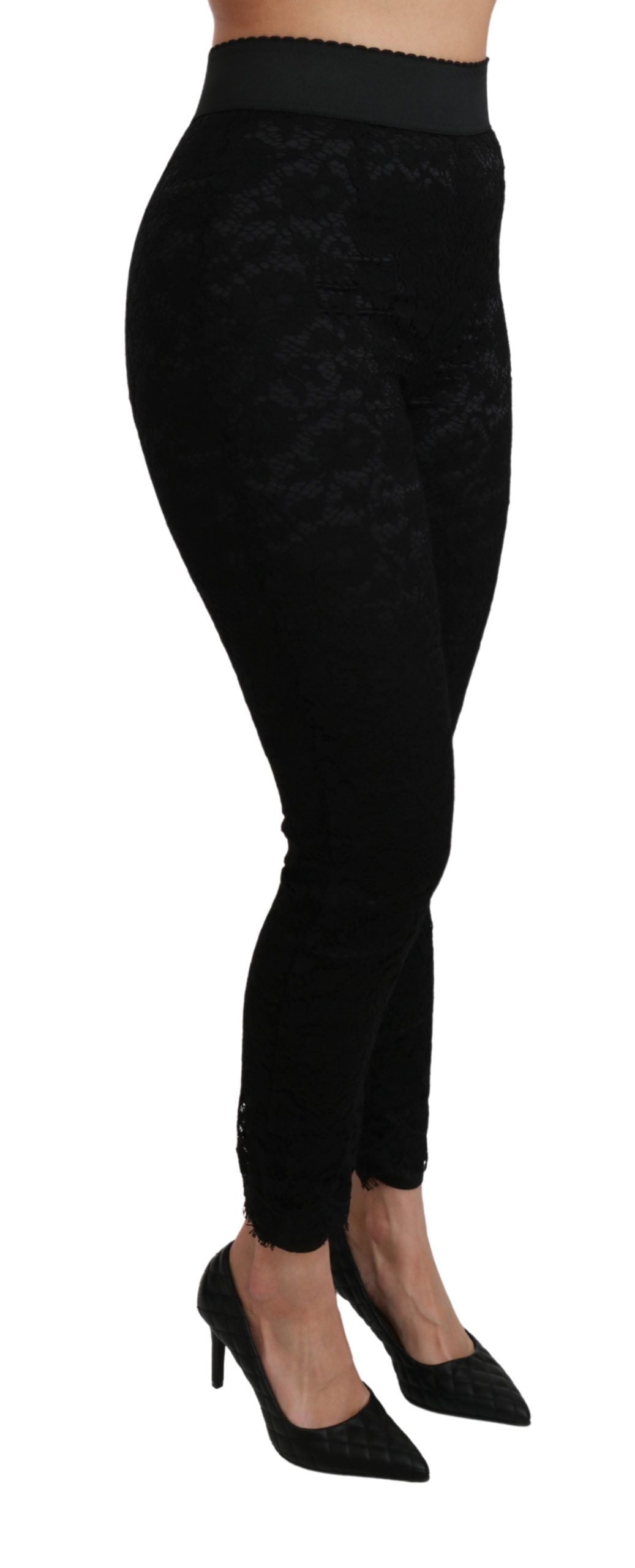 Pantalons en coton noirs Dolce & Gabbana, taille haute et skinny, avec dentelle élégante visible sur l'image.