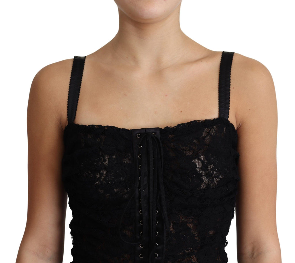 Robe bustier mini noire Dolce & Gabbana avec corset en dentelle à lacets et motif floral, élégante et féminine.
