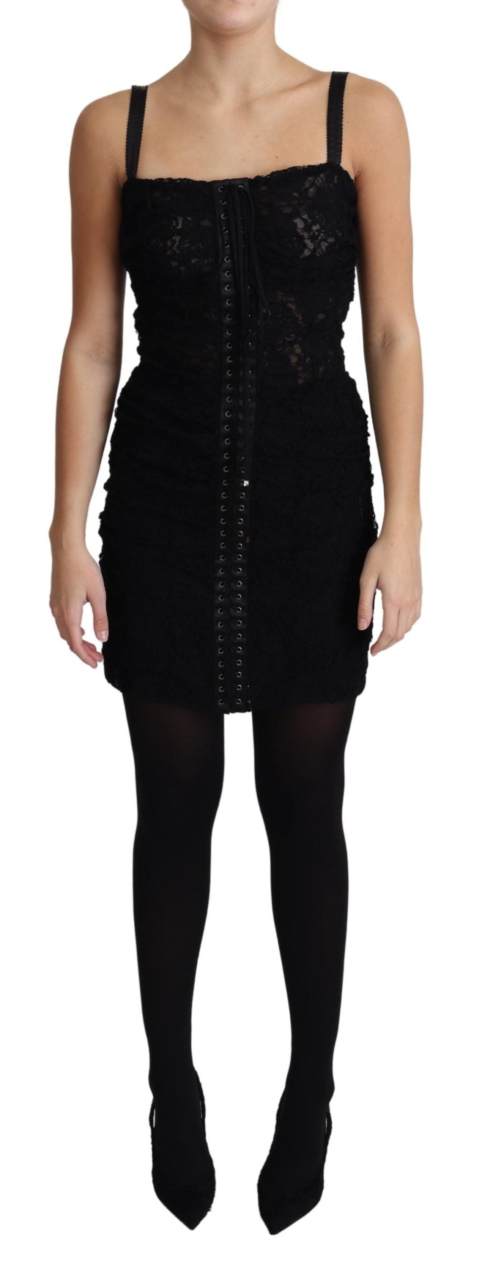 Corset bustier noir Dolce & Gabbana avec lacets et motifs floraux, mini robe élégante en dentelle.