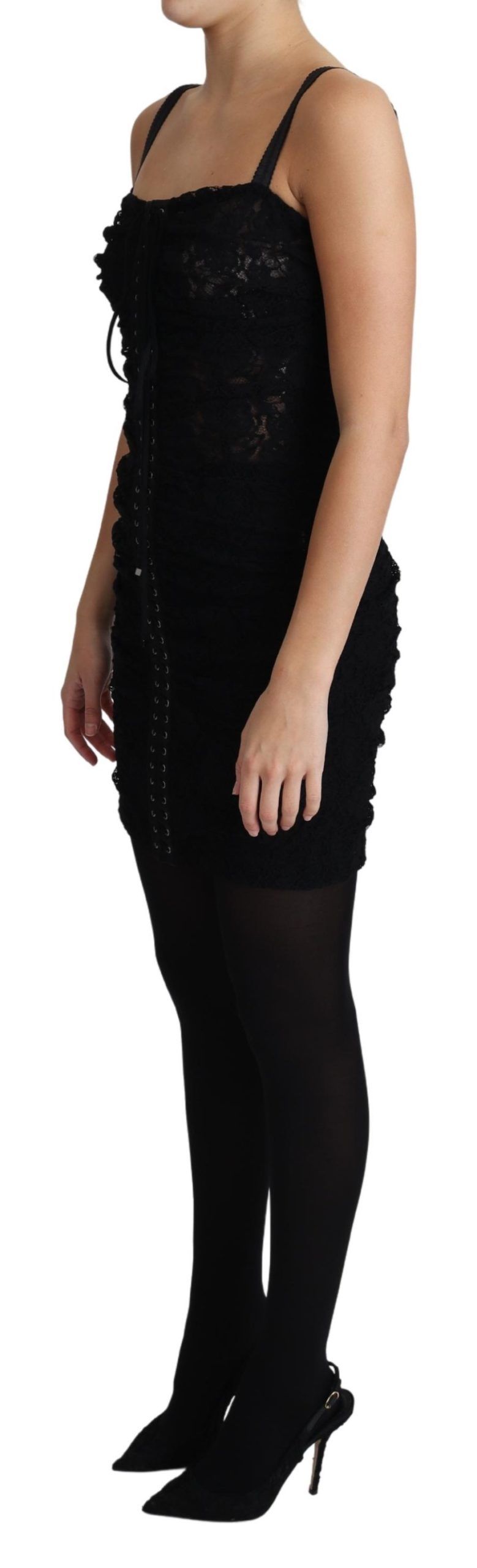 Robe bustier noire Dolce & Gabbana en dentelle avec laçage floral et coupe courte, élégante et sophistiquée.