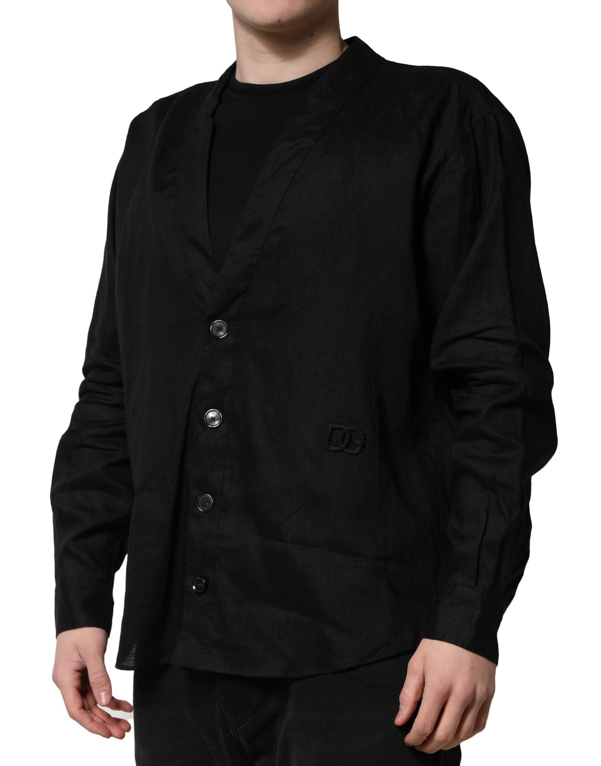 Chemise décontractée homme Dolce & Gabbana en lin noir à manches longues, élégante et confortable.