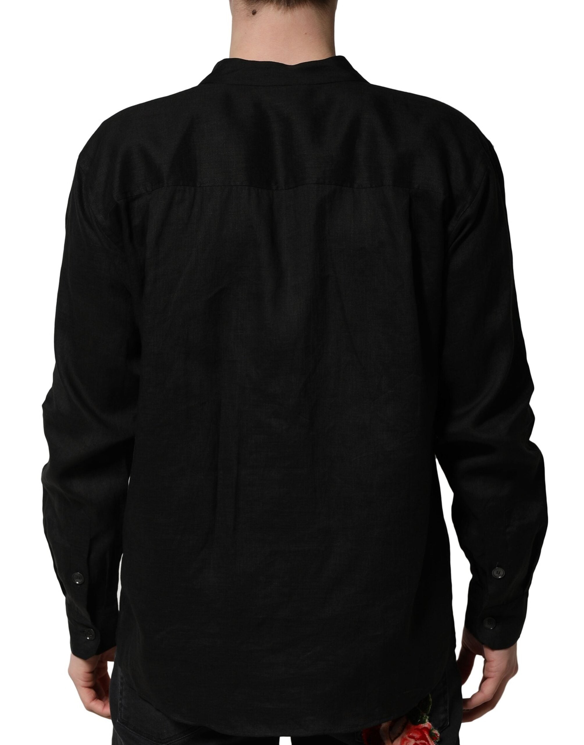 Chemise homme Dolce & Gabbana en lin noir à manches longues, style décontracté et élégant.