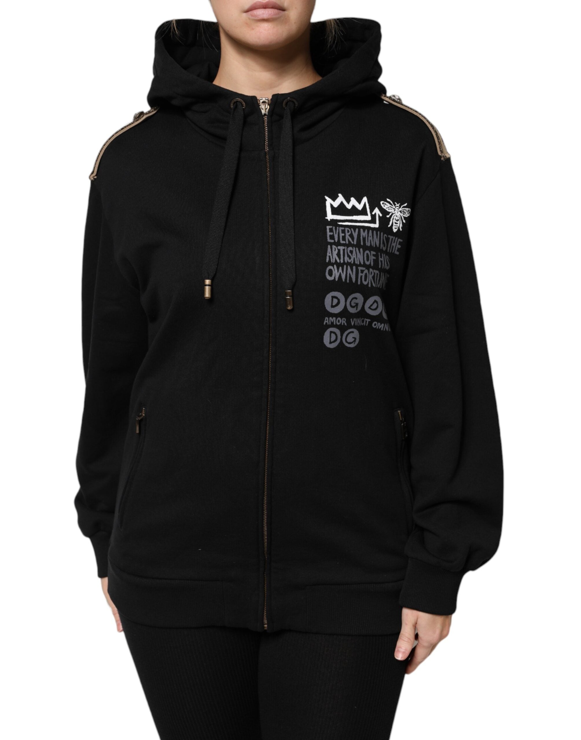Sweat à capuche zippé noir Dolce & Gabbana avec logo, poche kangourou et détails en tissu doux visible sur l'image.