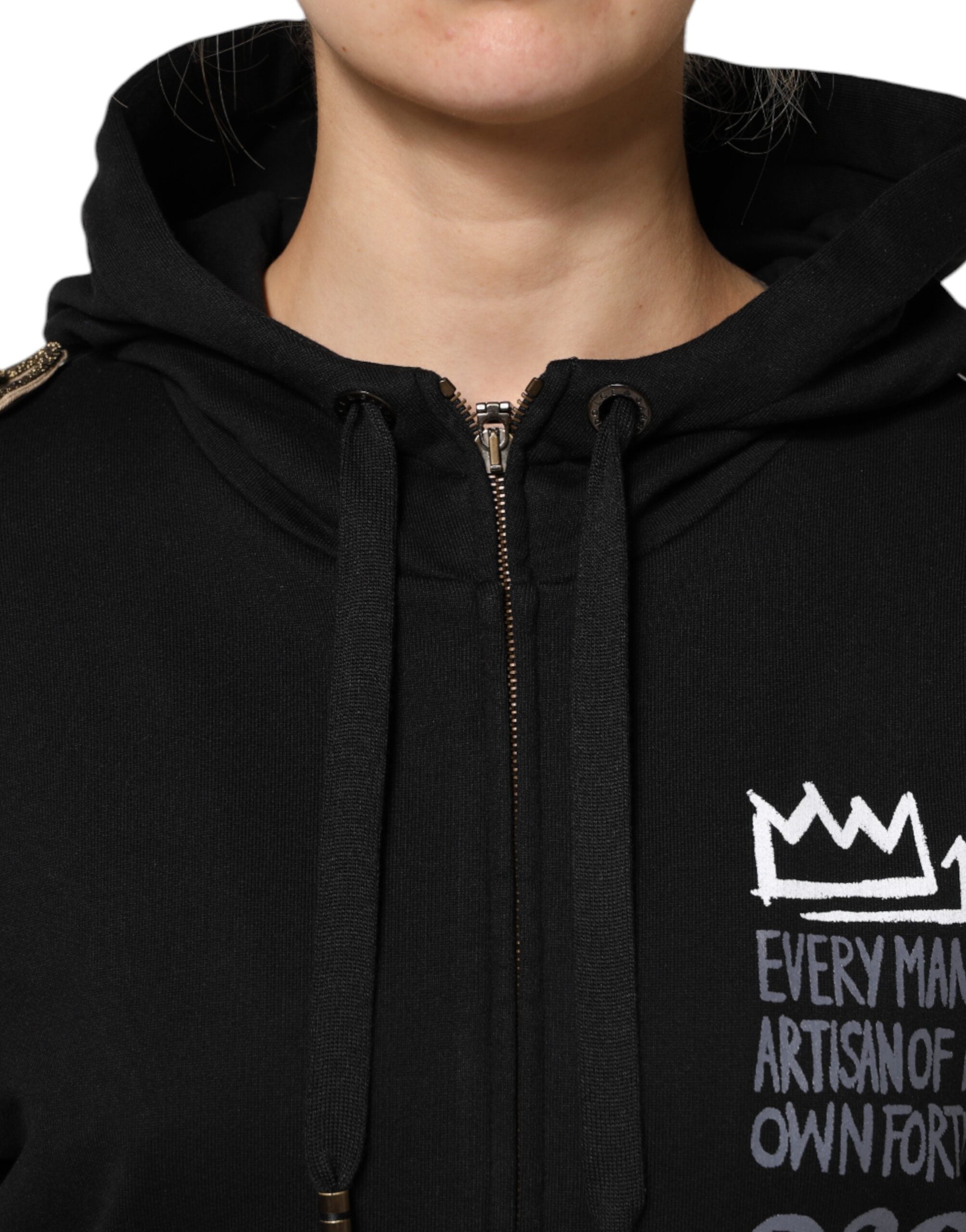Sweat à capuche noir Dolce & Gabbana avec logo, fermeture éclair complète, veste décontractée pour homme.