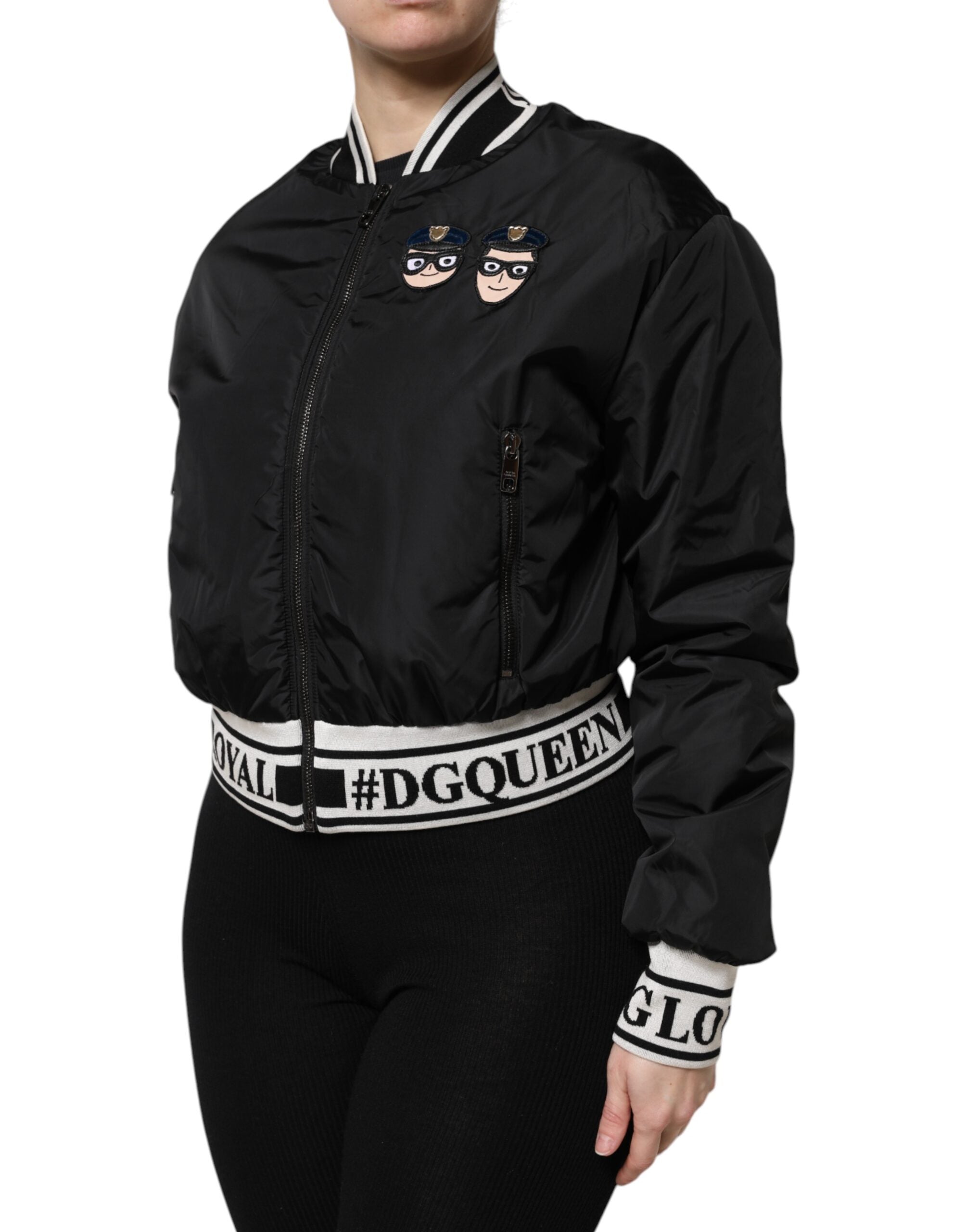 Veste bomber noire en nylon Dolce & Gabbana #DGFamily avec fermeture éclair complète, style élégant et décontracté.