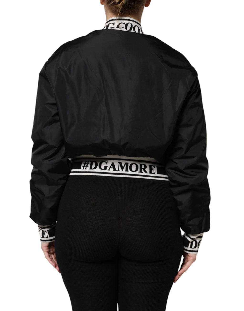 Veste bomber noire en nylon Dolce & Gabbana avec fermeture éclair pleine longueur, logo DGFamily sur le devant.