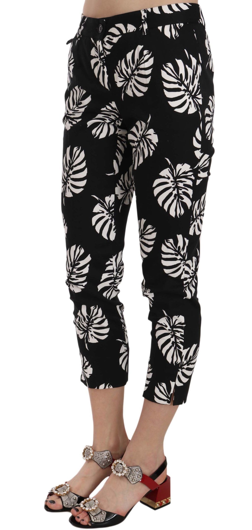 Pantalon fin skinny Dolce & Gabbana à imprimé palmier noir, léger et ajusté, en tissu élégant pour un style sophistiqué.