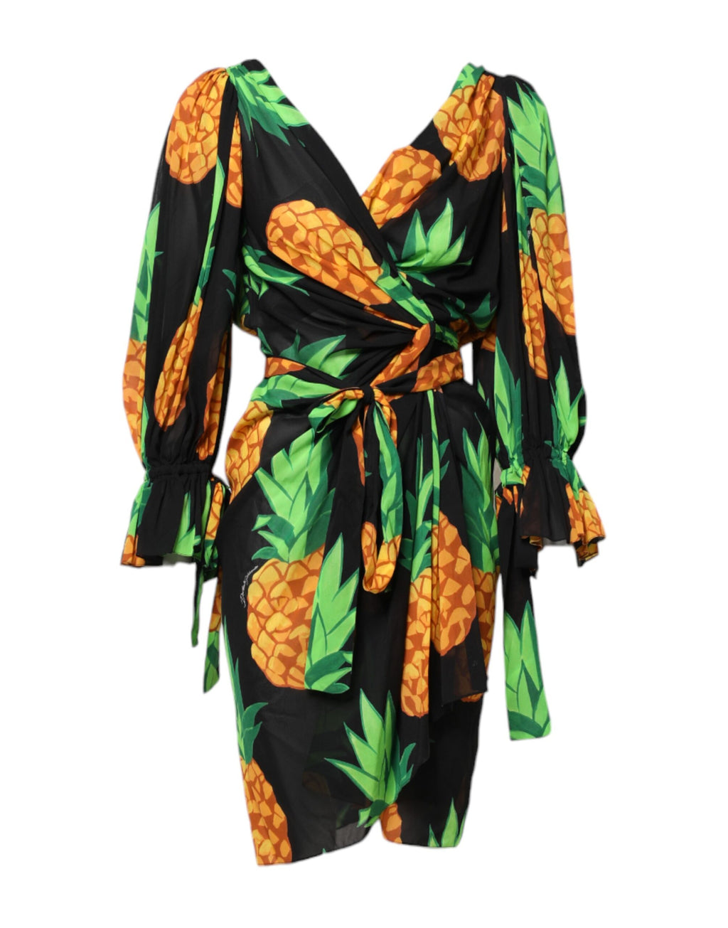 Robe courte en soie noire à imprimé ananas Dolce & Gabbana, wrap, avec décolleté en V et détails élégants.