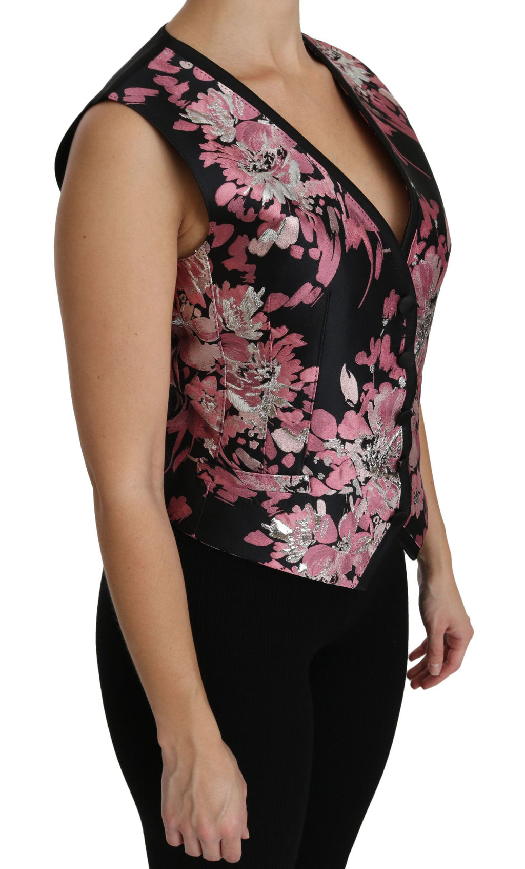 Gilet et blouse noirs et roses à fleurs Dolce & Gabbana, veste cintrée avec motifs floraux, ensemble élégant pour femme