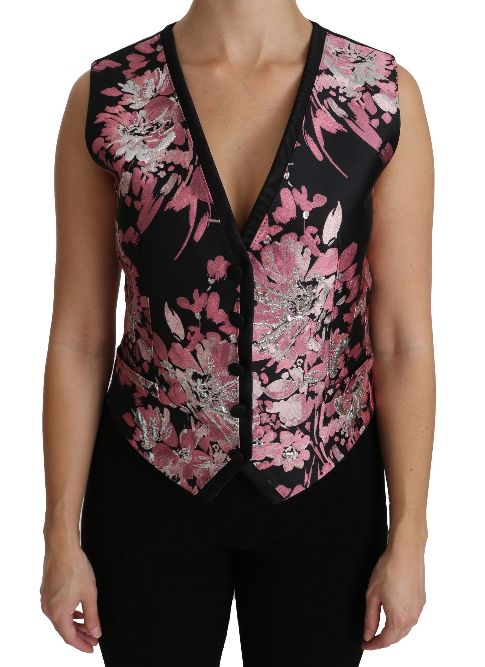 Dolce & Gabbana Black Pink Floral Waistcoat Vest Blouse Top Dolce & Gabbana