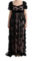 Robe droite en soie noire et rose de Dolce & Gabbana avec appliqués élégants, style élégant et sophistiqué.