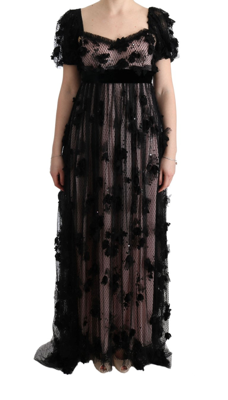 Robe droite en soie noire et rose de Dolce & Gabbana avec appliqués élégants, style élégant et sophistiqué.