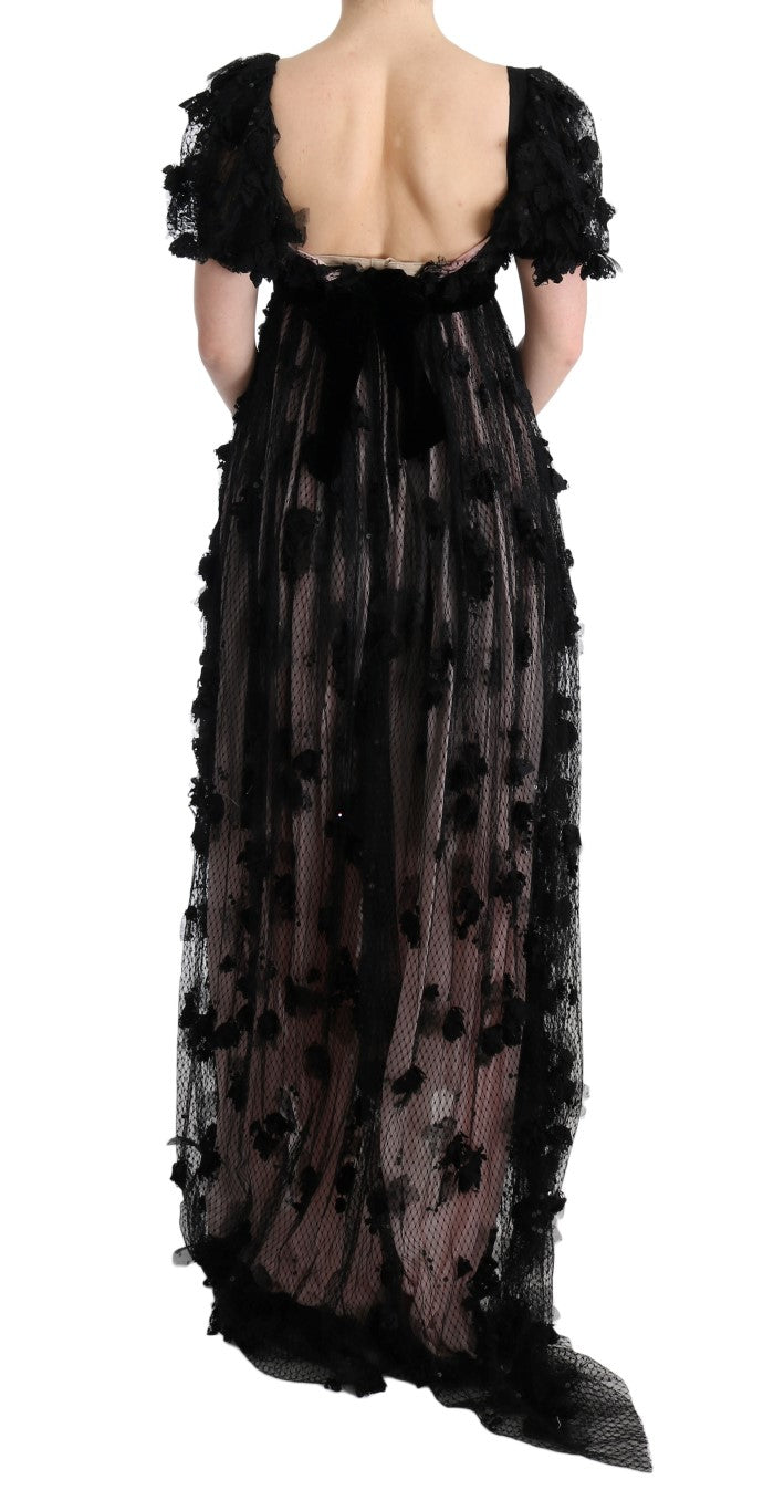 Robe shift en soie noire et rose avec appliqués de Dolce & Gabbana, élégante et sophistiquée.
