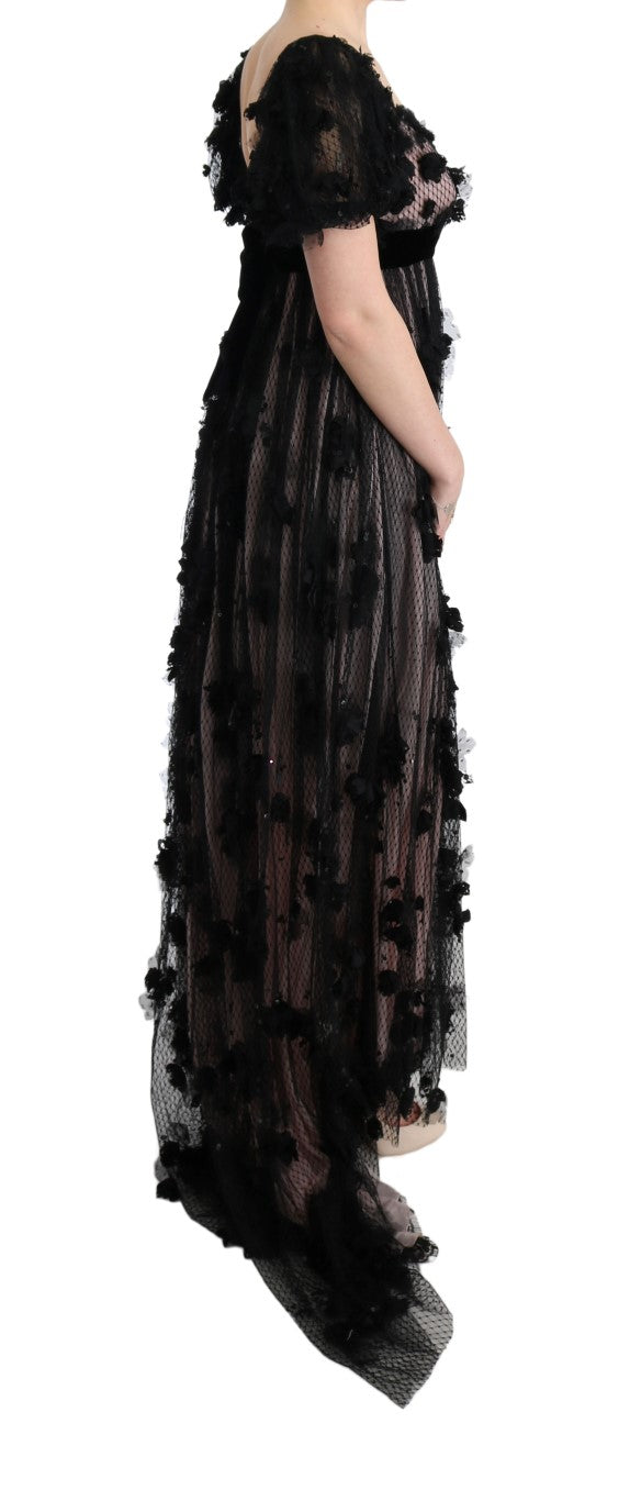 Robe droite en soie noire et rose Dolce & Gabbana avec appliqués en tissu, élégante et sophistiquée.