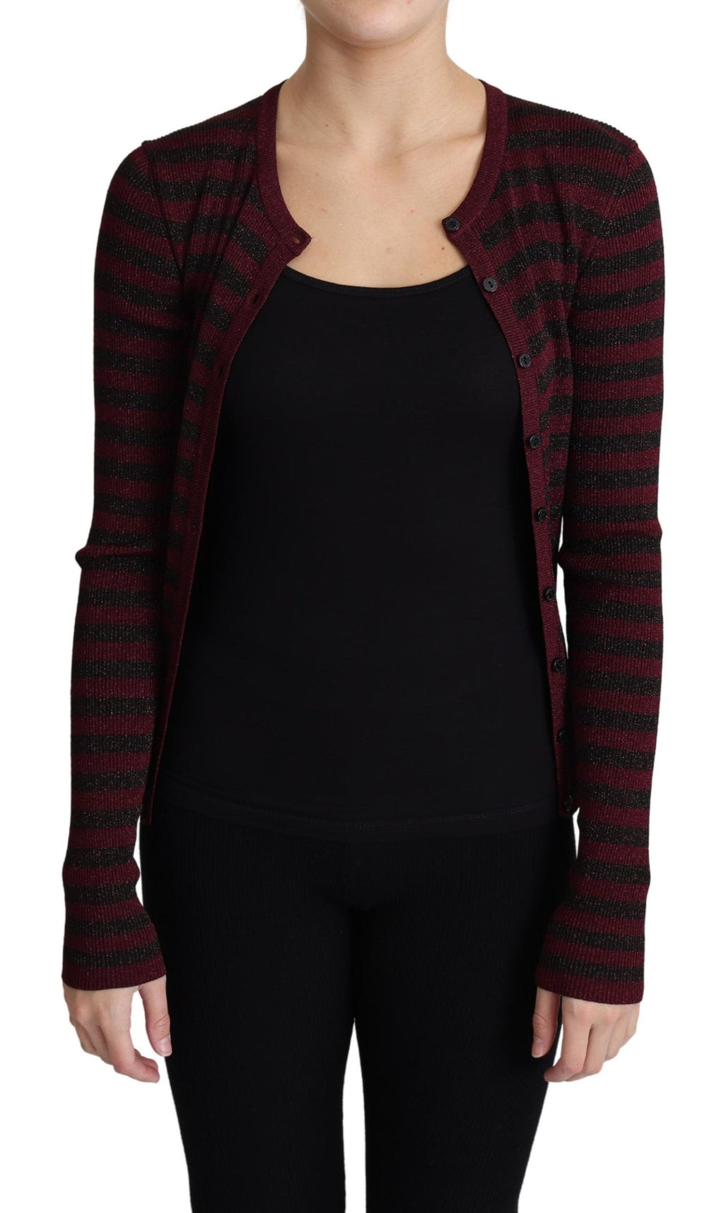 Cardigan Dolce & Gabbana en viscose noire et rouge à rayures, pull élégant à manches longues et col rond.