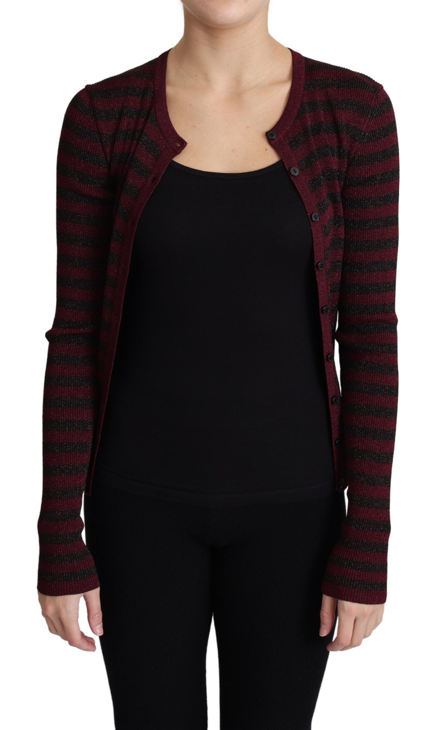 Cardigan Dolce & Gabbana en viscose noire et rouge à rayures, pull élégant à manches longues et col rond.