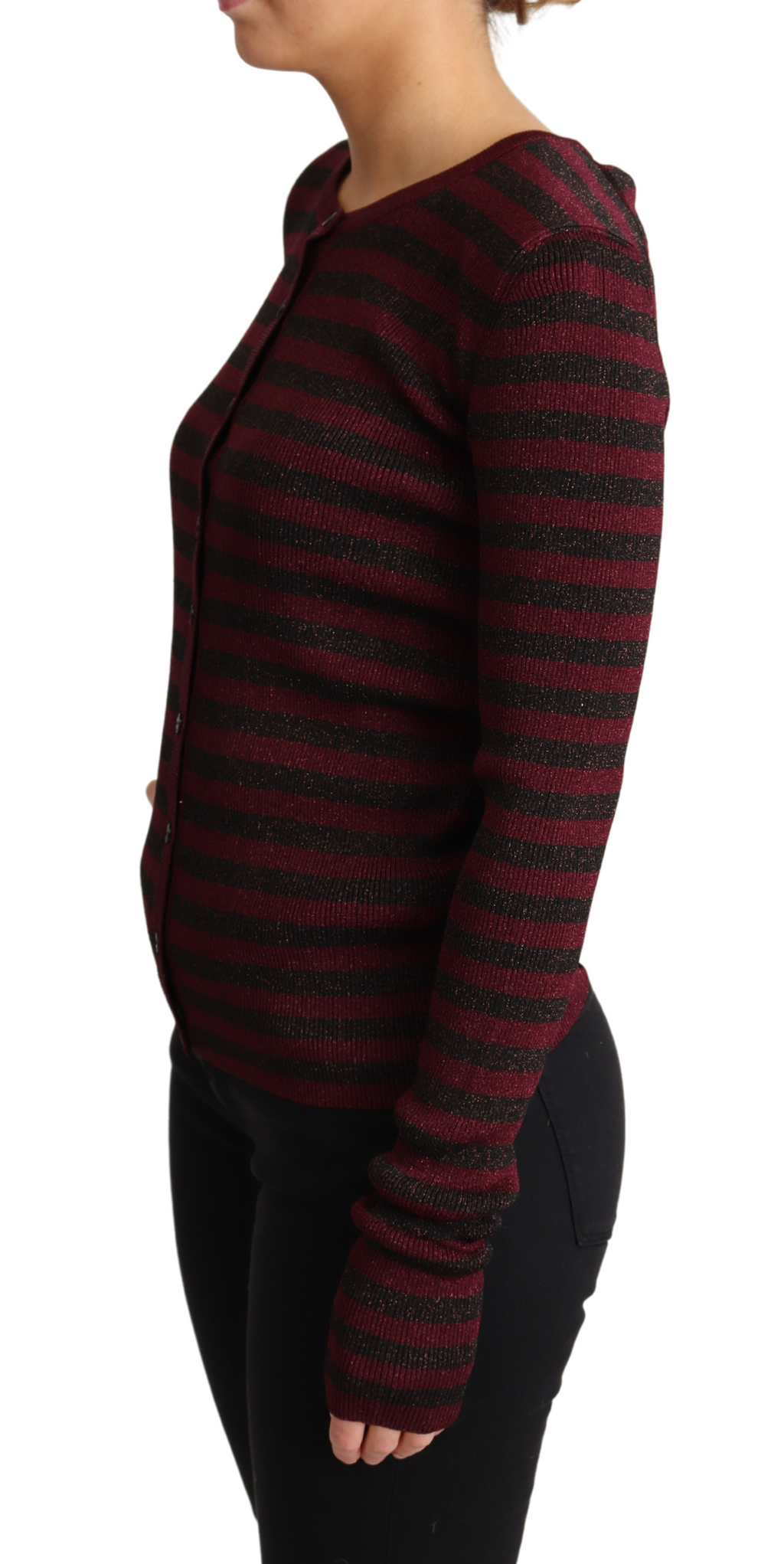 Cardigan Dolce & Gabbana en viscose noire et rouge à rayures, pull à manches longues et col rond.