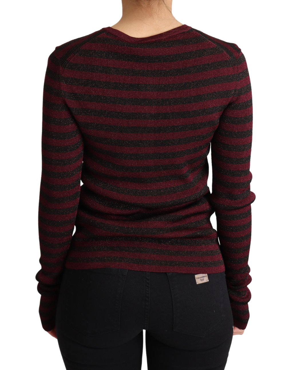 Cardigan Dolce & Gabbana en viscose noire et rouge à rayures, pull à manches longues et col en V.