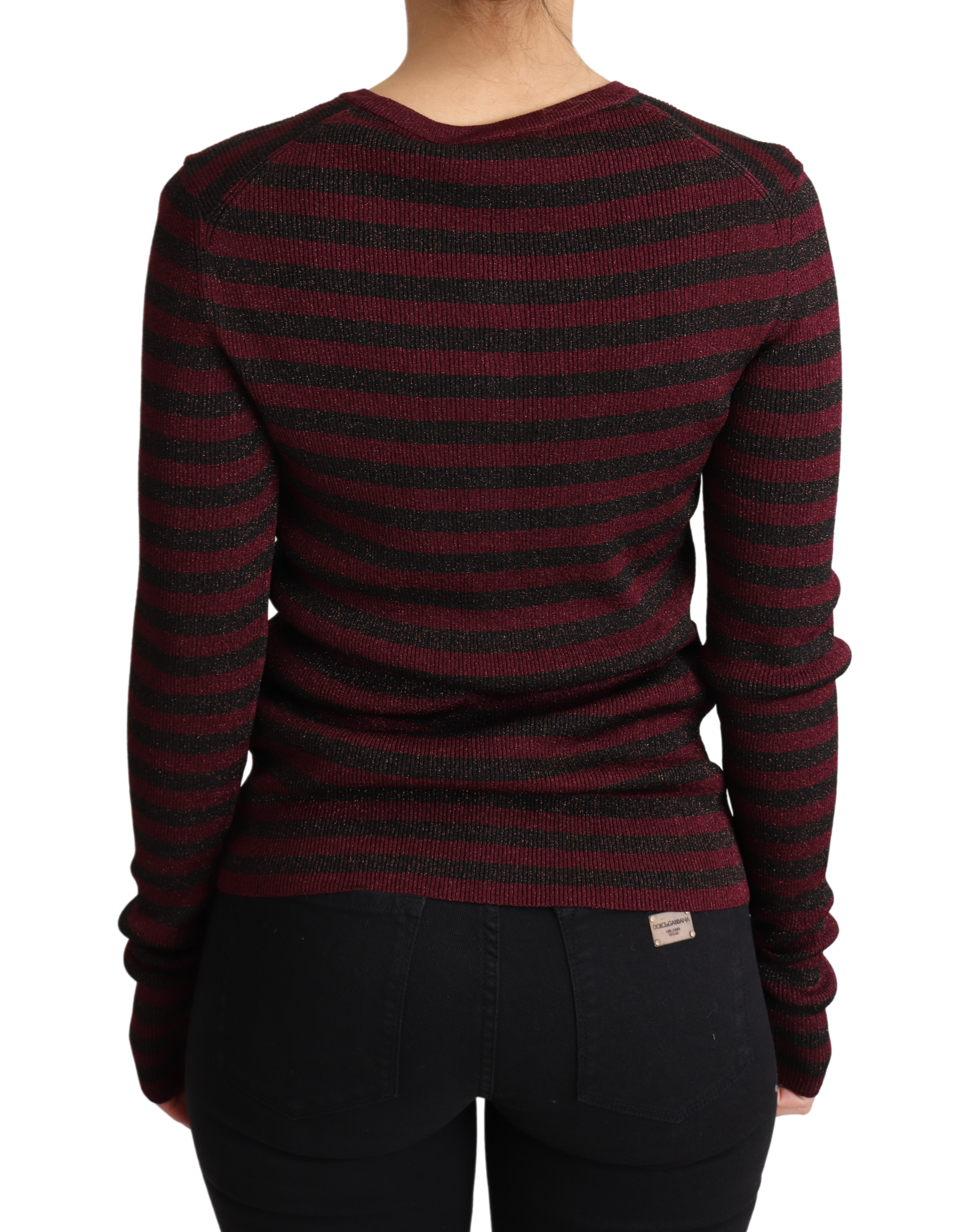 Cardigan Dolce & Gabbana en viscose noire et rouge à rayures, pull à manches longues et col en V.
