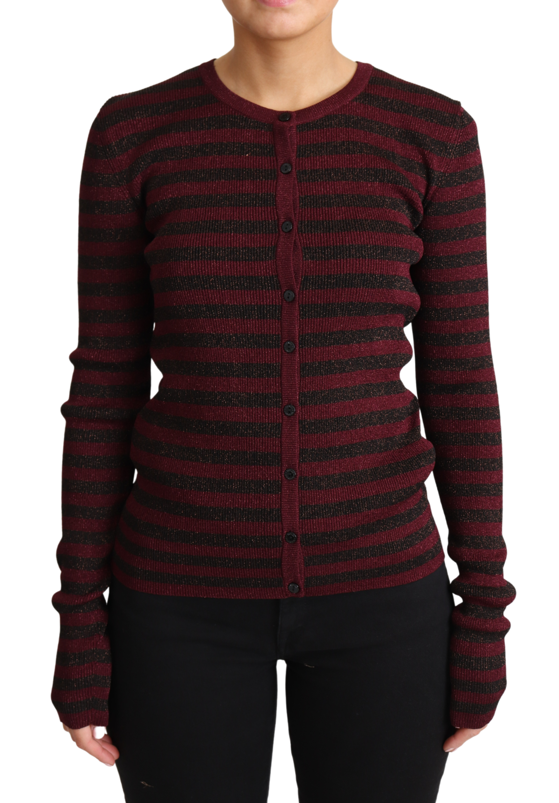 Pull Dolce & Gabbana en viscose noir et rouge à rayures, cardigan élégant avec col en V et manches longues.