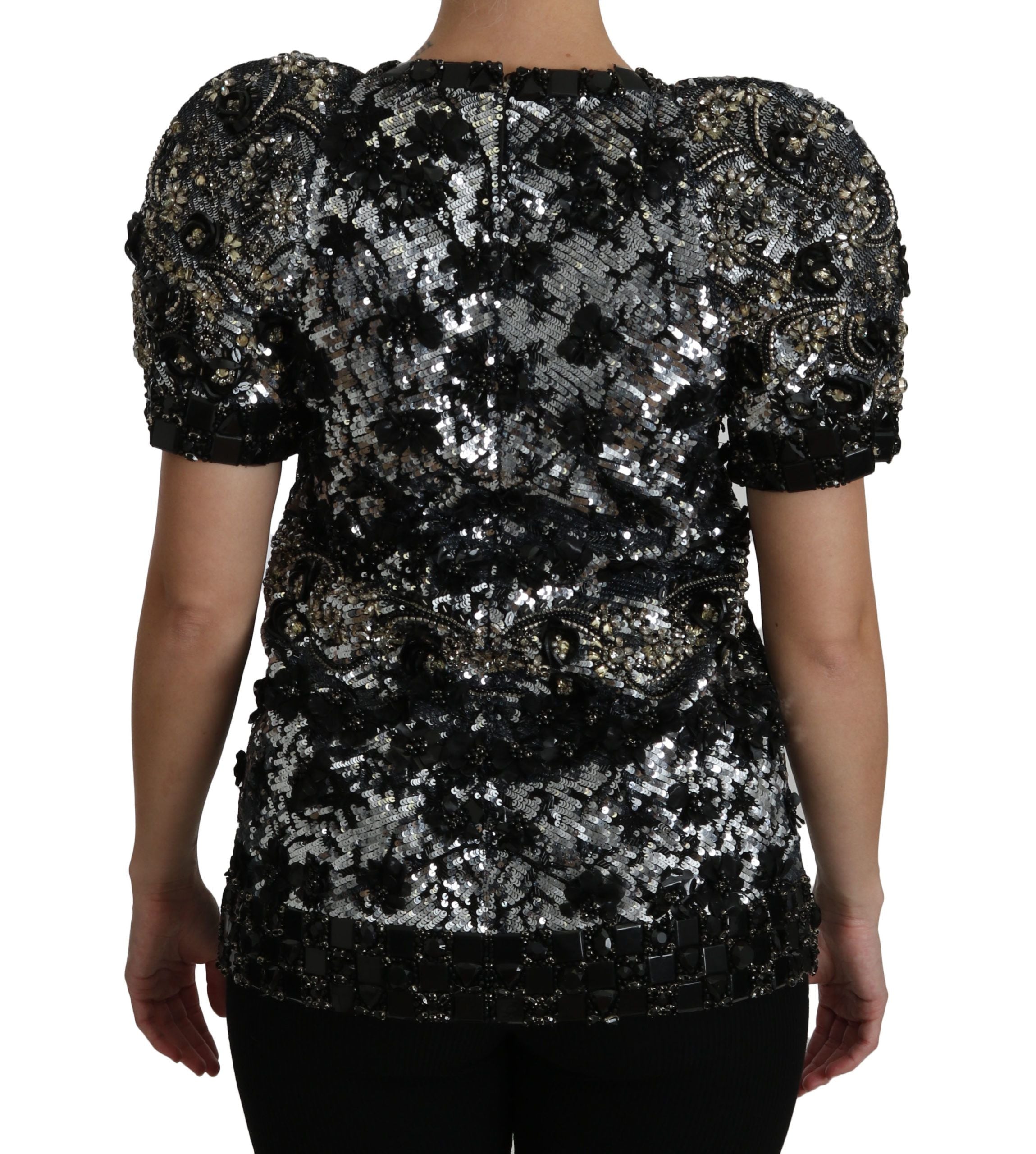 Blouse noire Dolce & Gabbana avec sequins et cristaux brillants, haut élégant en satin avec détails sophistiqués.