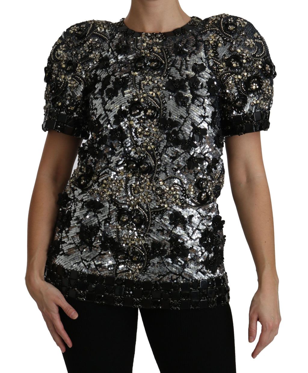 Haut noir Dolce & Gabbana en sequins avec cristaux brillants, blouse élégante et ornée de détails scintillants.
