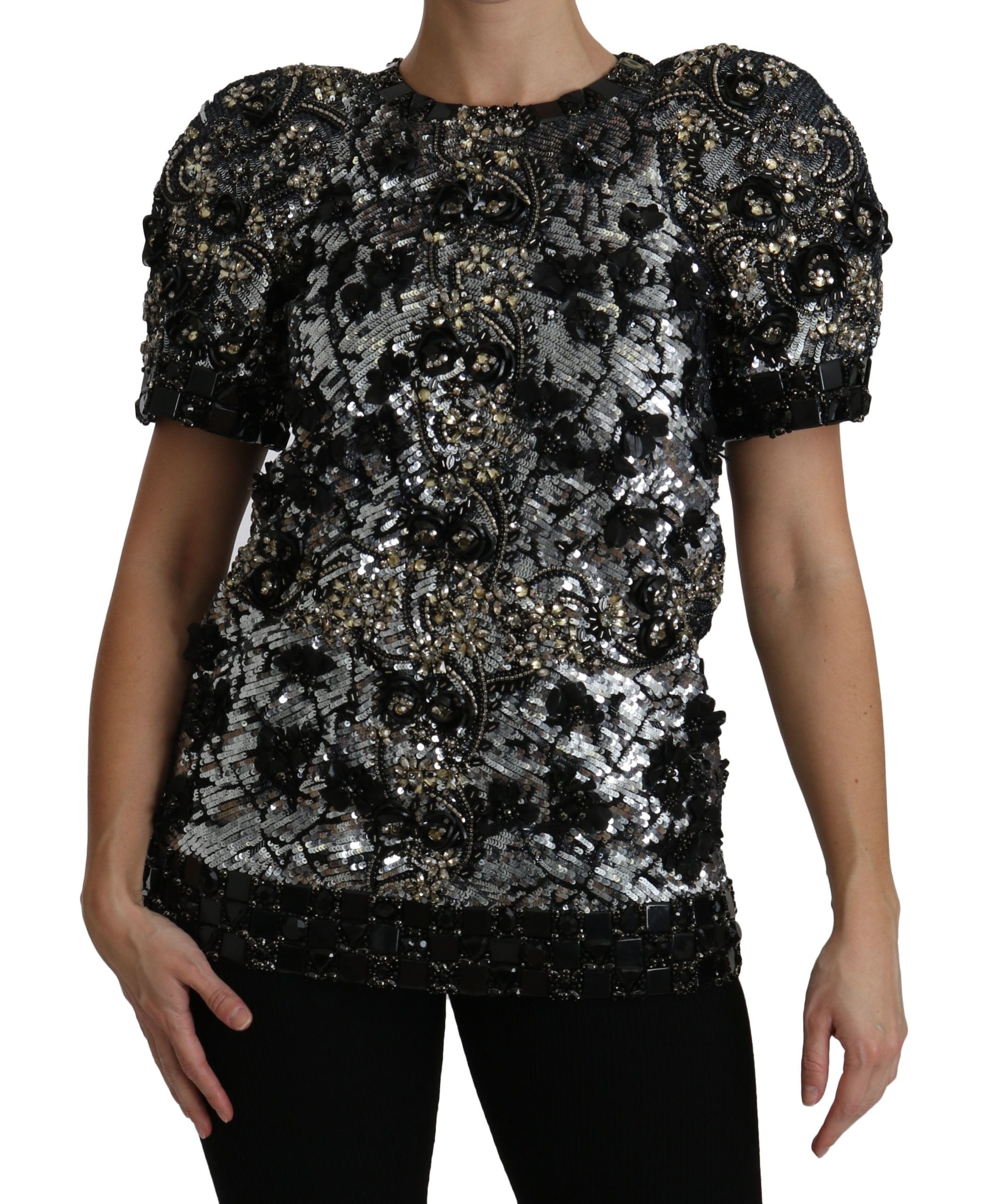 Haut noir Dolce & Gabbana en sequins avec cristaux brillants, blouse élégante et ornée de détails scintillants.