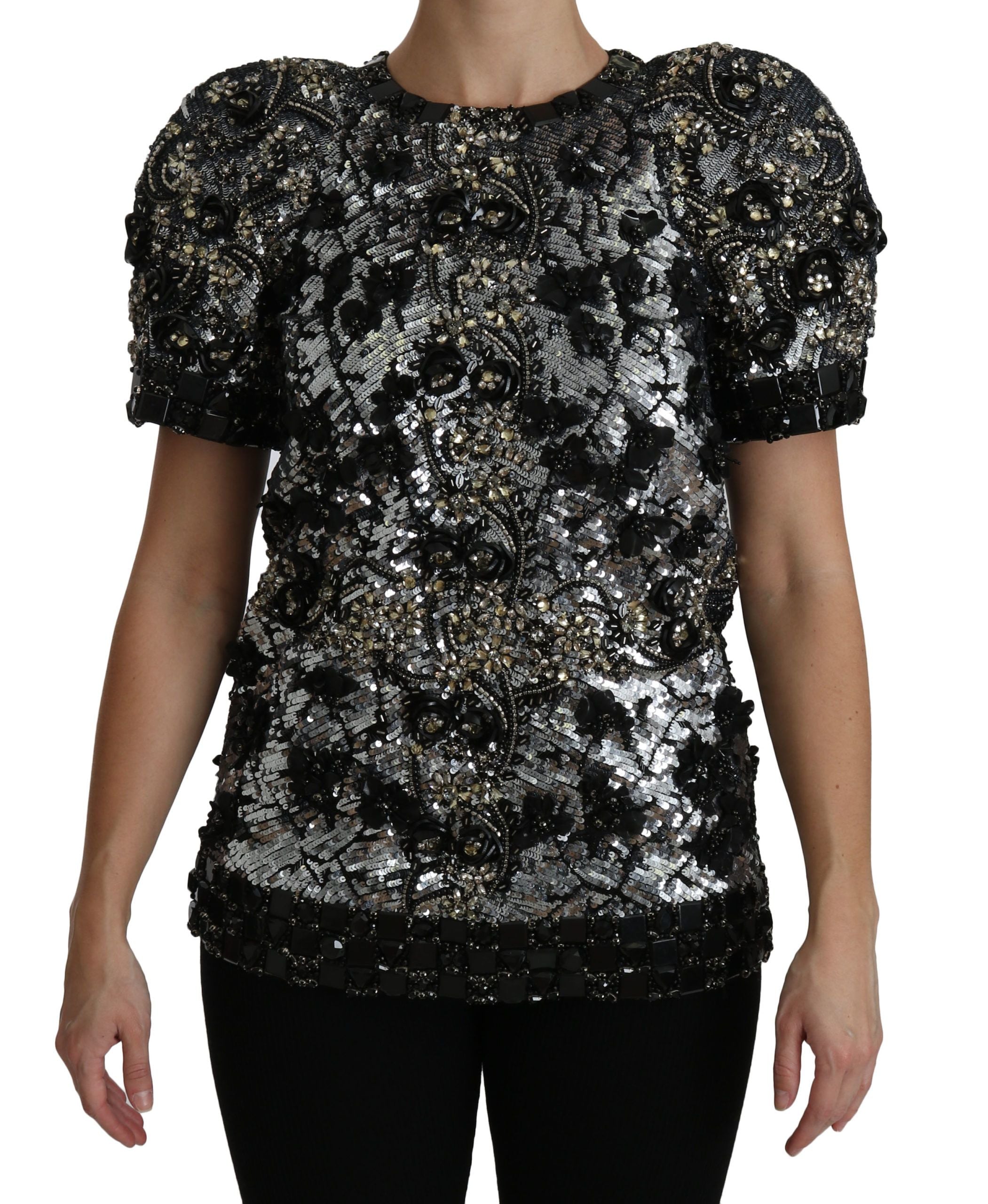 Haut Dolce & Gabbana noir à sequins et cristaux, blouse élégante avec embellissements brillants, vue de face.