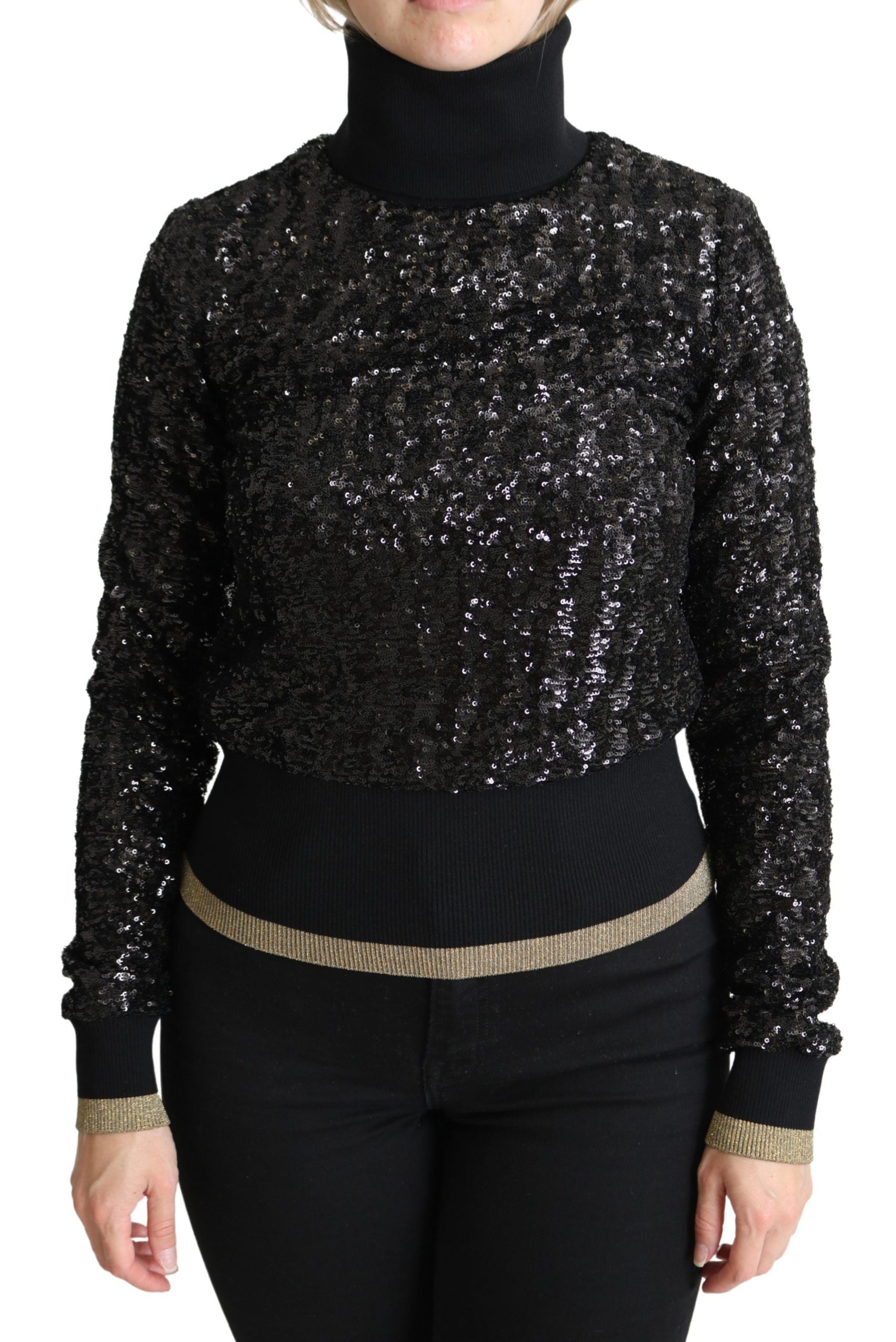 Pull en maille noire à sequins Dolce & Gabbana avec col roulé, détails brillants et texture douce.