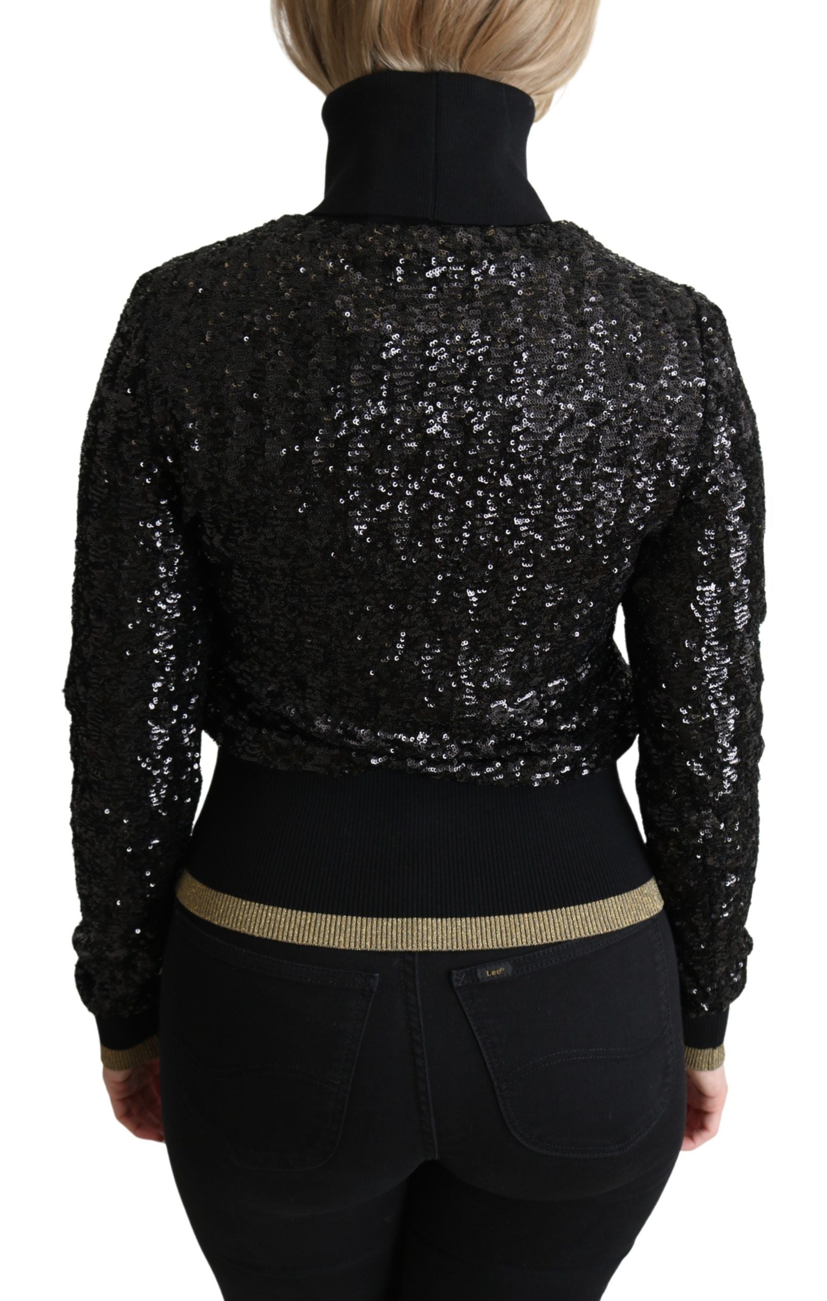 Pull à col roulé noir Dolce & Gabbana en maille avec sequins, style élégant et glamour.