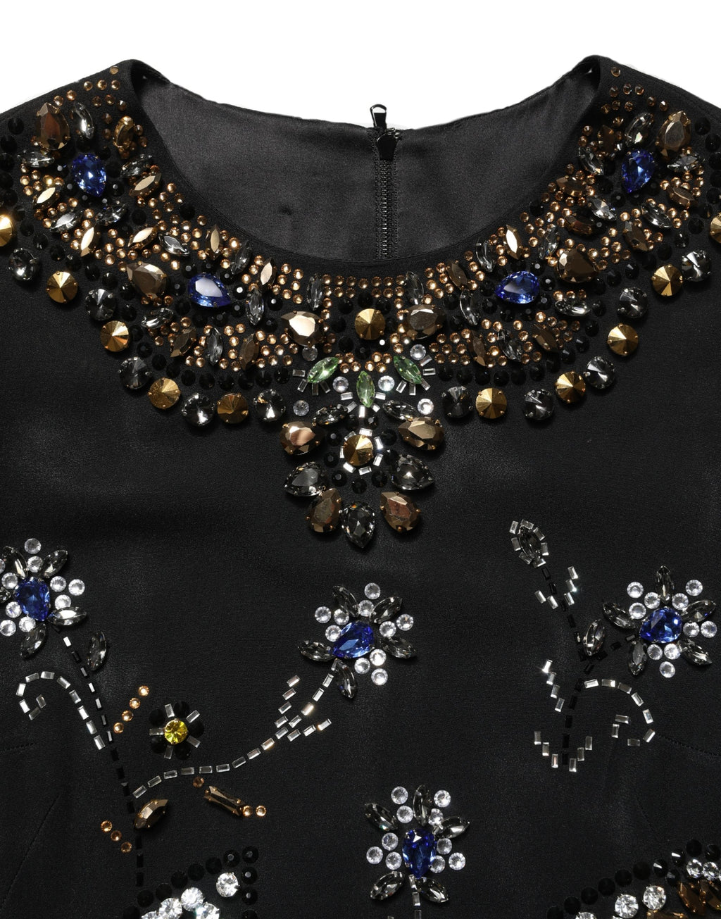 Robe sans manches Dolce & Gabbana noire avec motifs floraux, embellissements de perles et détails élégants.