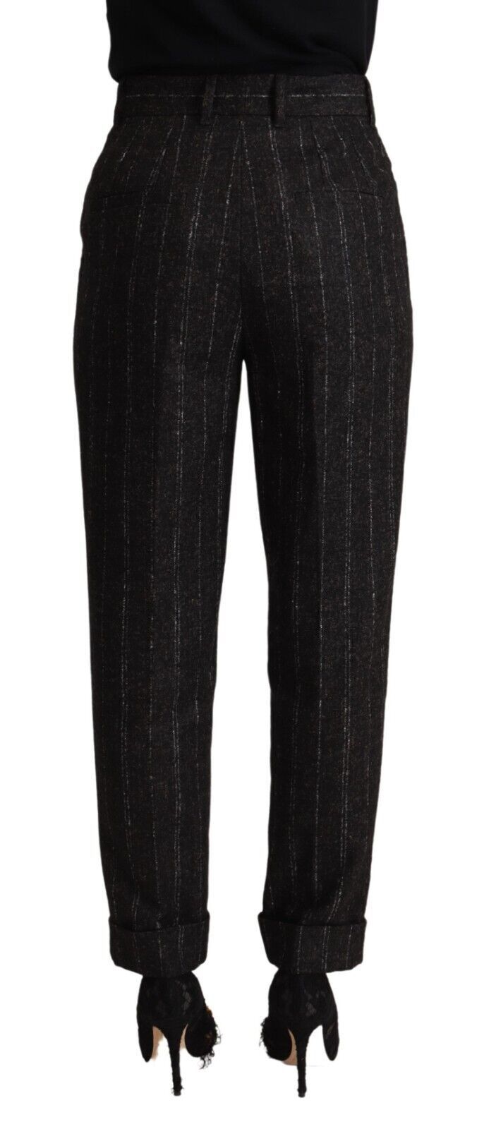 Pantalon noir à rayures Dolce & Gabbana, taille haute et coupe tapered, en tissu élégant, visible sur l'image.