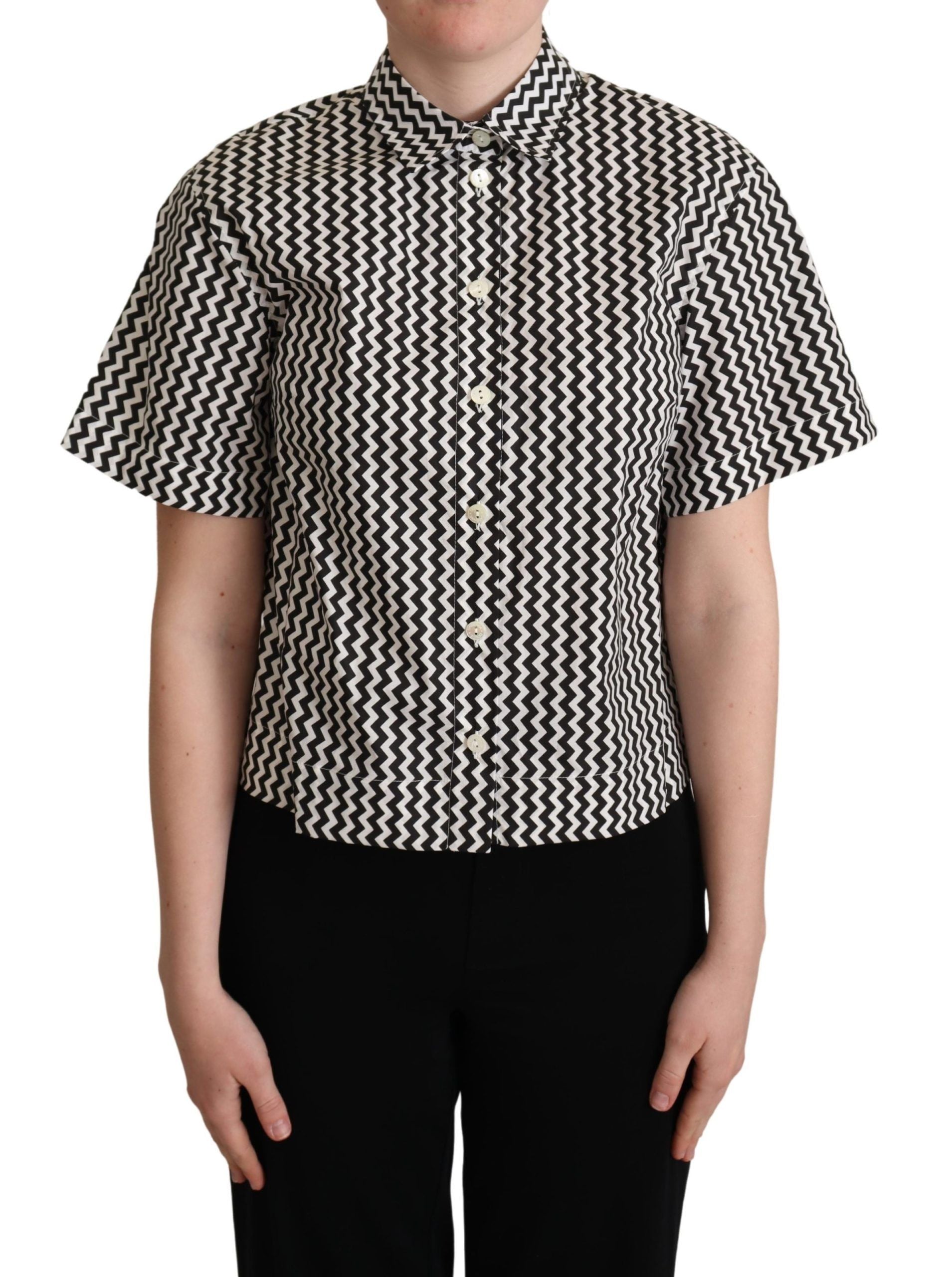 Chemise en coton Dolce & Gabbana à col zigzag noir et blanc, style élégant et moderne avec motif distinctif.