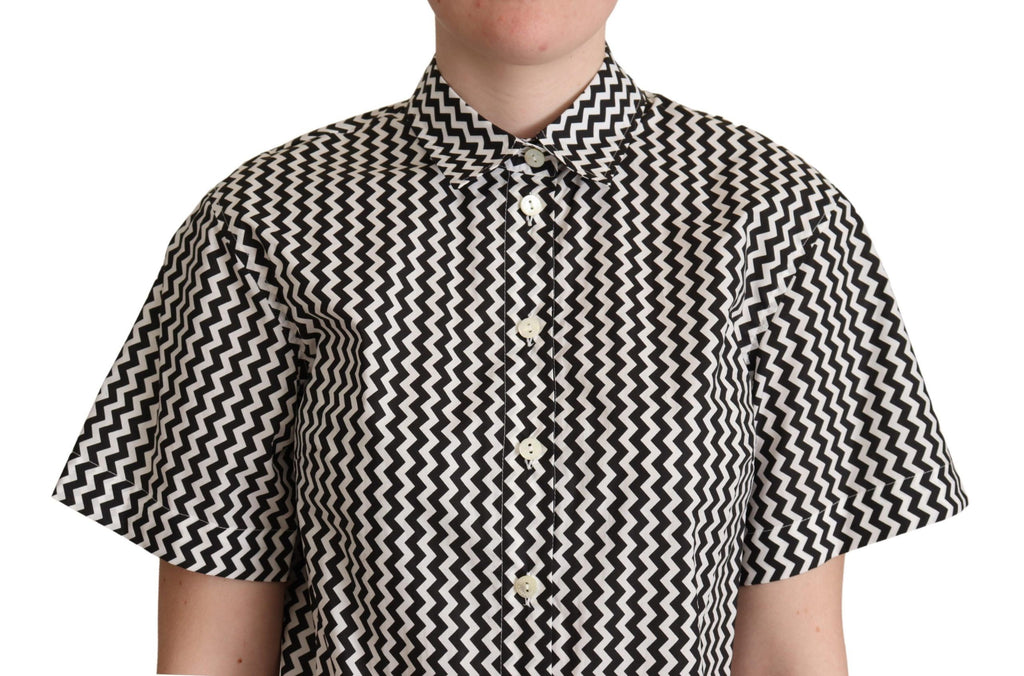 Chemise en coton noir et blanc Dolce & Gabbana avec col à motif zigzag, style élégant et moderne.