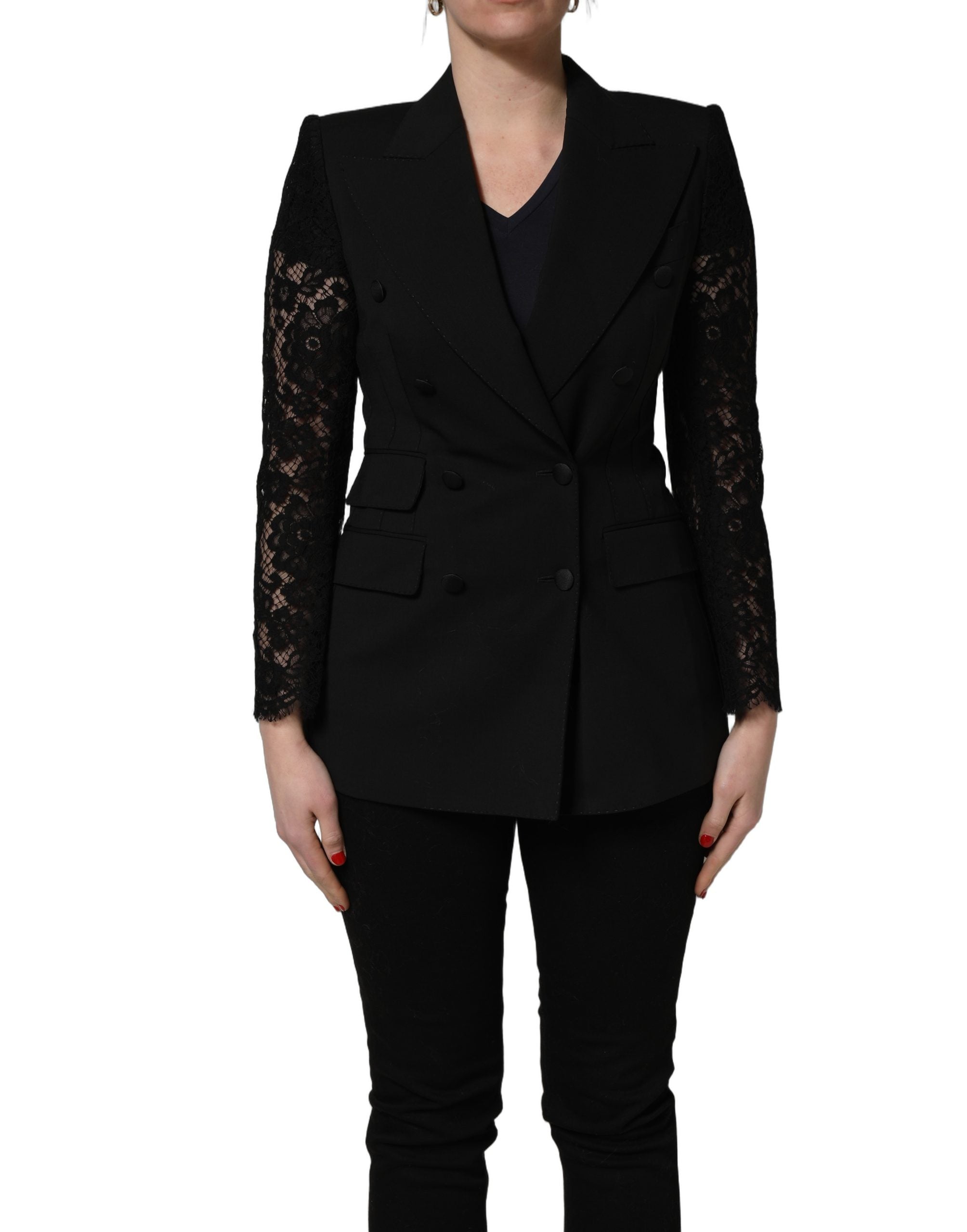 Veste en laine noire Dolce & Gabbana à double boutonnage avec manches en dentelle et détails élégants.