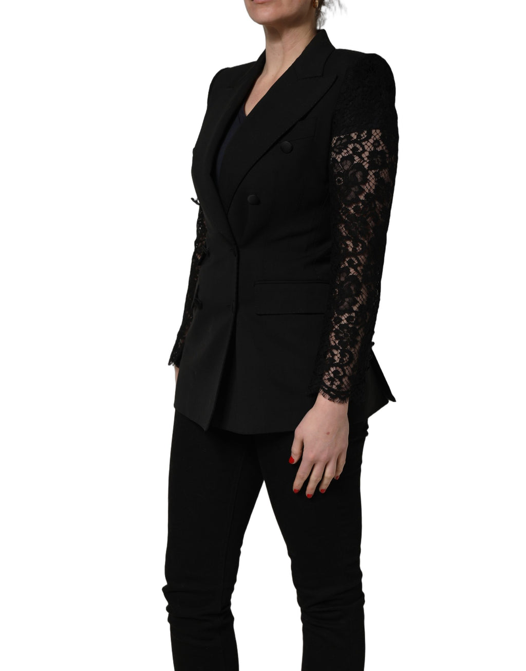 Veste en laine noire à double boutonnage Dolce & Gabbana avec manches en dentelle, élégante et sophistiquée.