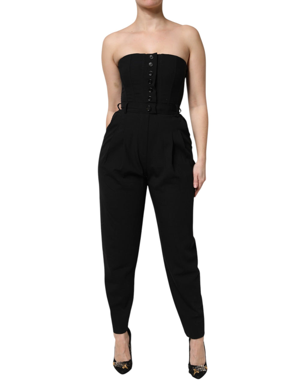 Combinaison sans bretelles en laine noire Dolce & Gabbana, vêtement élégant avec coupe ajustée et détails sophistiqués.
