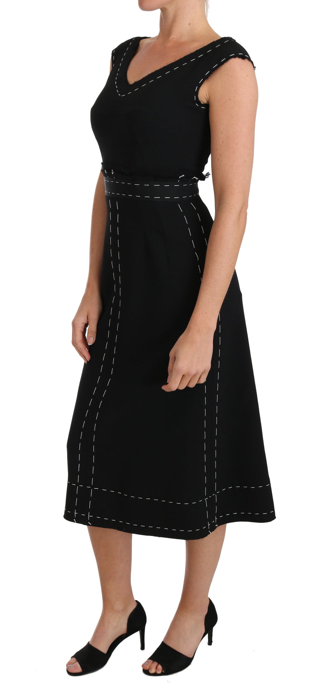 Robe droite en laine stretch noire de Dolce & Gabbana, coupe tendance et élégante pour femme.