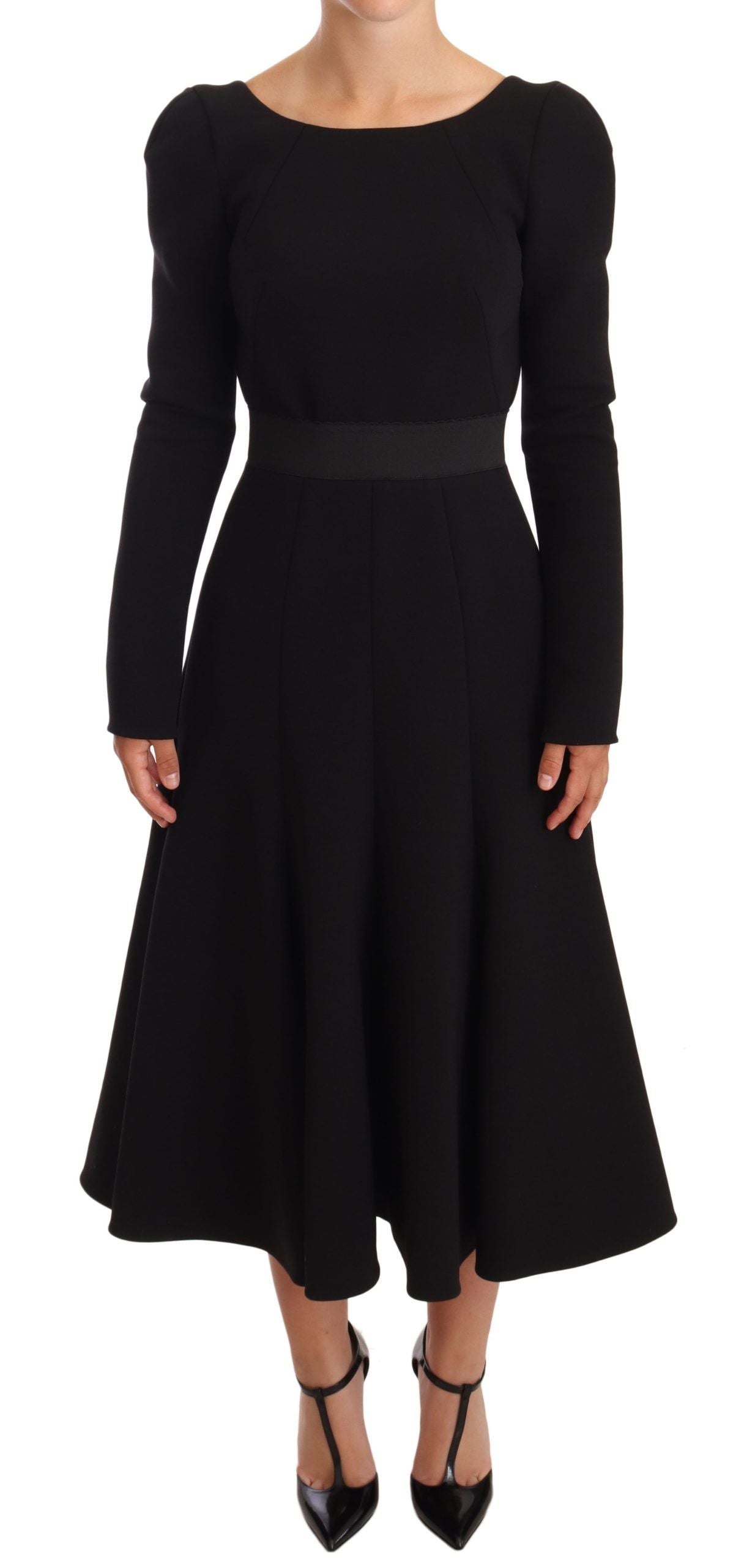 Robe noire en laine extensible à coupe ajustée et dos ouvert de la marque Dolce & Gabbana, vue de face.
