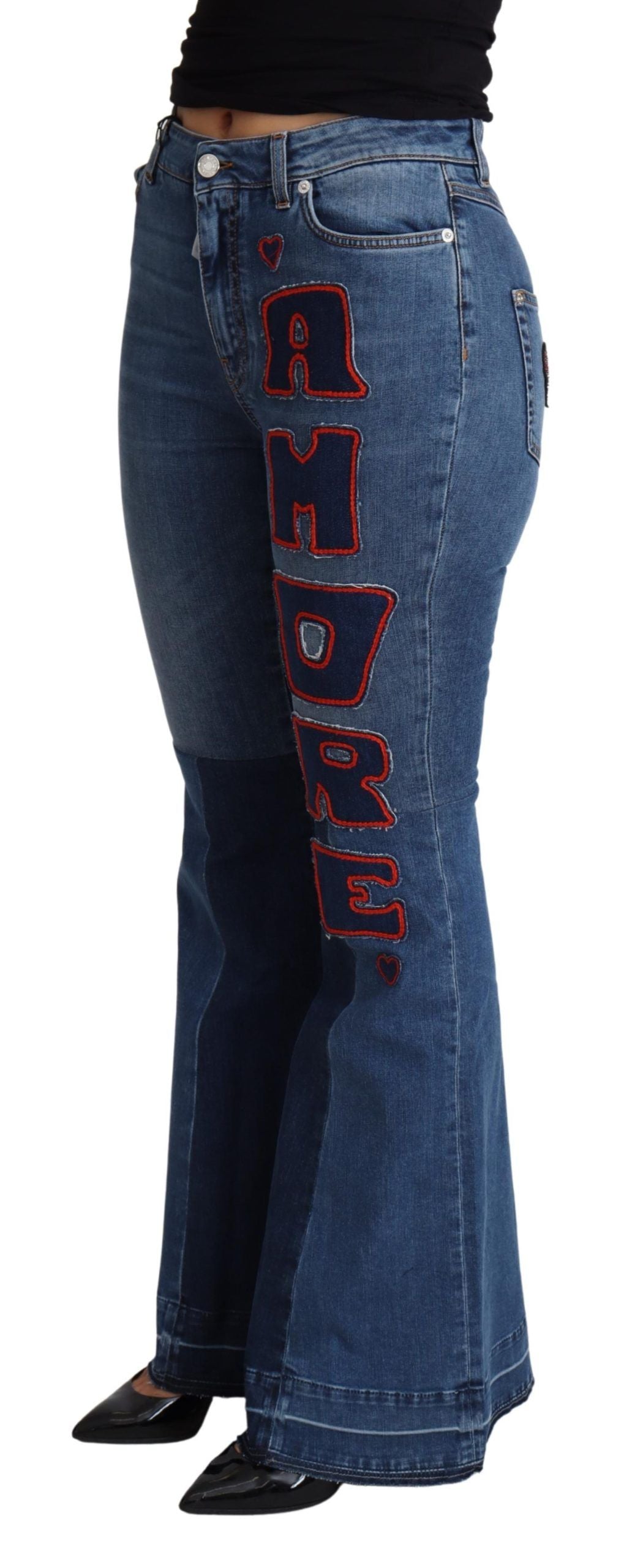 Pantalon Dolce & Gabbana Blue Amore Patch Boot Cut en coton stretch, coupe évasée, avec détails patch.