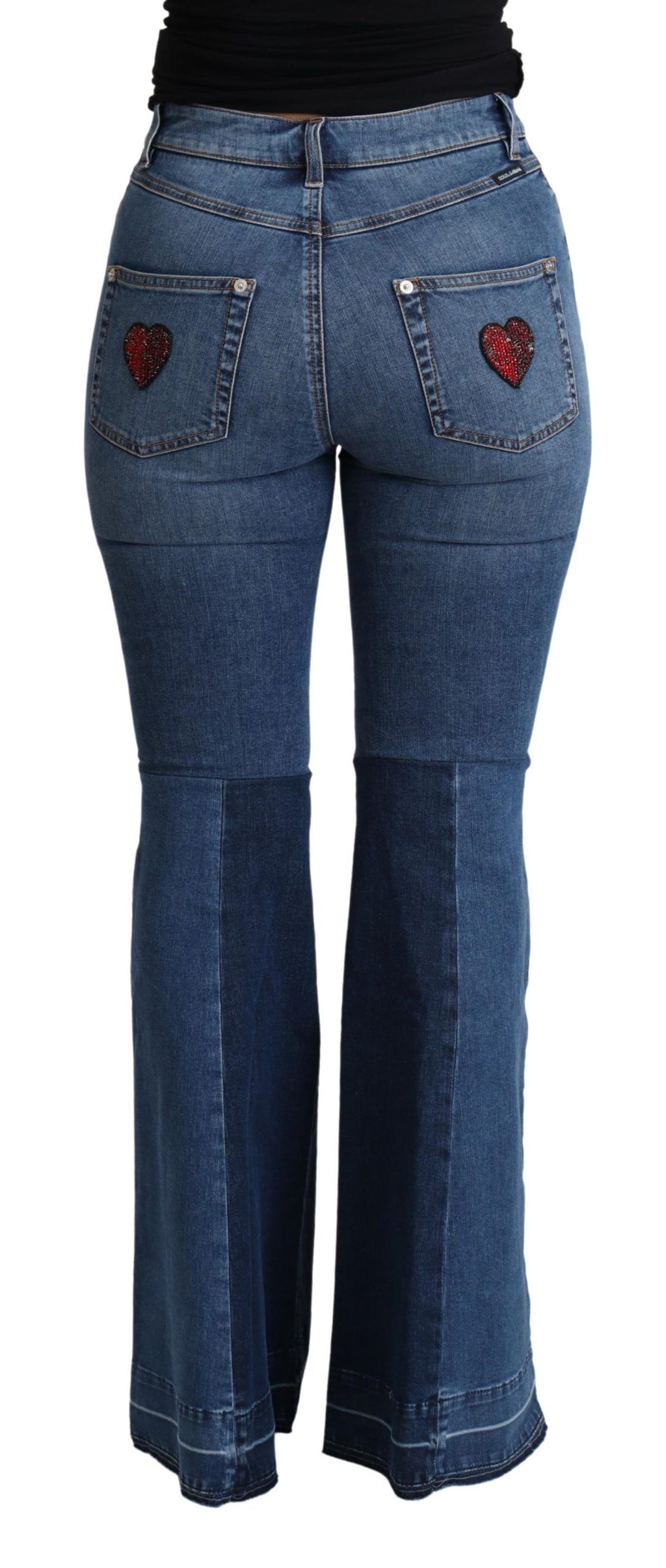 Pantalon coupe boot cut en coton stretch bleu Dolce & Gabbana Amore Patch, style élégant et confortable.