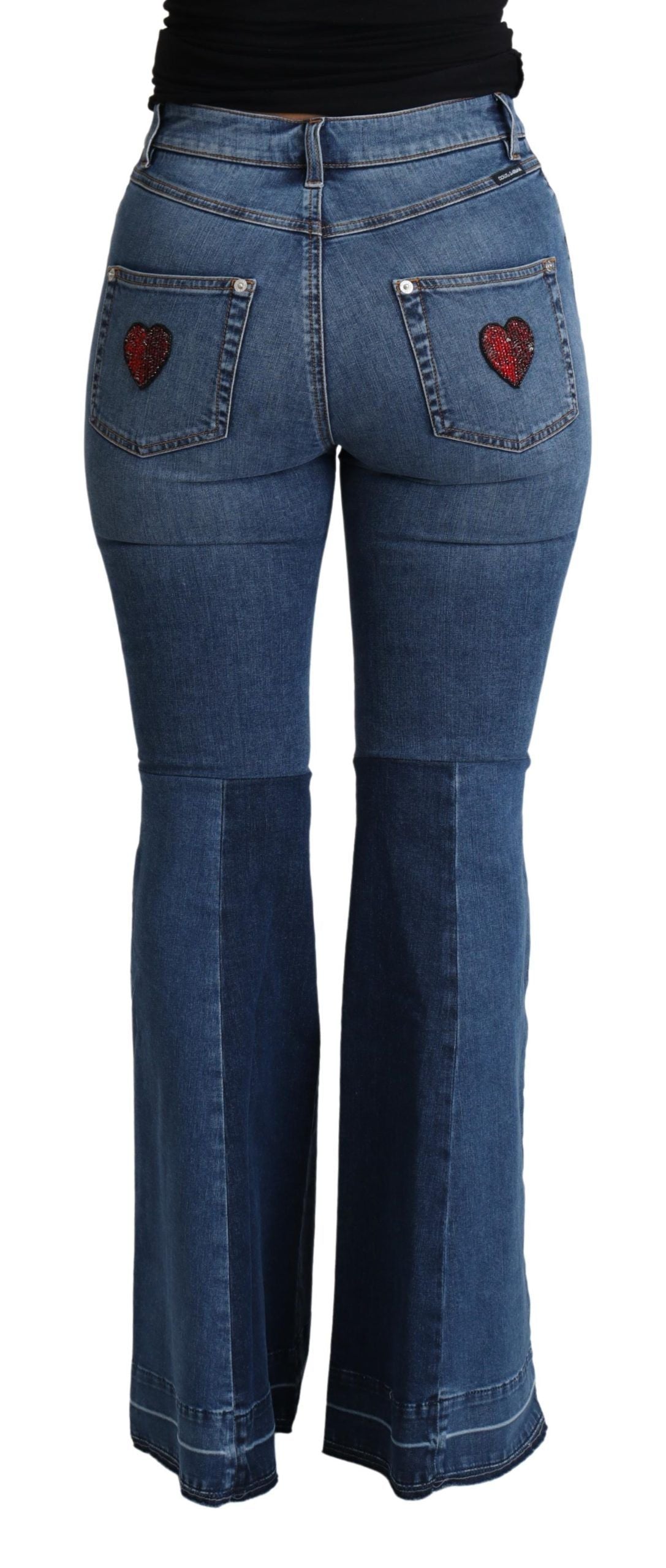Pantalon coupe boot cut en coton stretch bleu Dolce & Gabbana Amore Patch, style élégant et confortable.