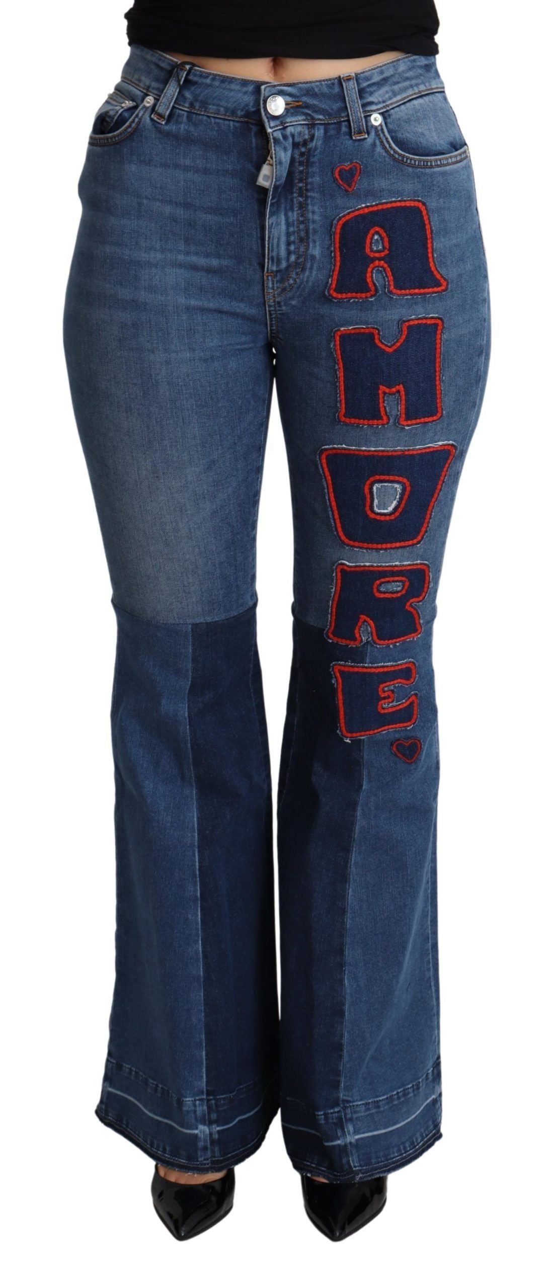 Pantalon coupe boot cut en coton stretch bleu Dolce & Gabbana Amore Patch, style élégant et confortable.