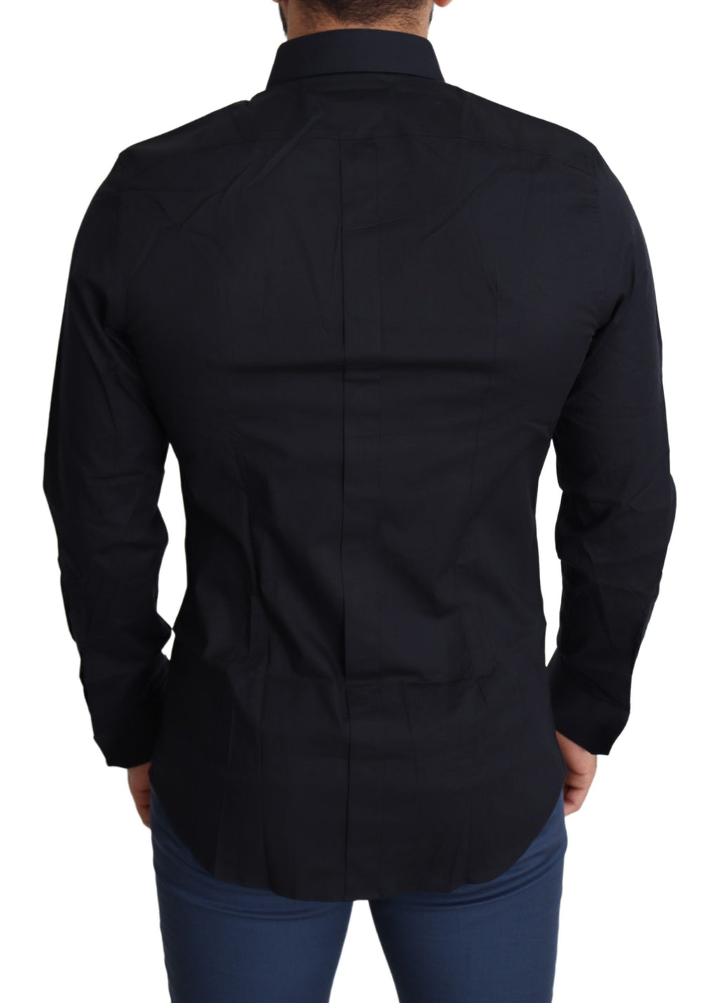 Chemise formelle en coton bleu Dolce & Gabbana avec détails dorés, élégante et sophistiquée pour occasions spéciales.