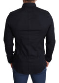 Chemise formelle en coton bleu Dolce & Gabbana avec détails dorés, élégante et sophistiquée pour occasions spéciales.
