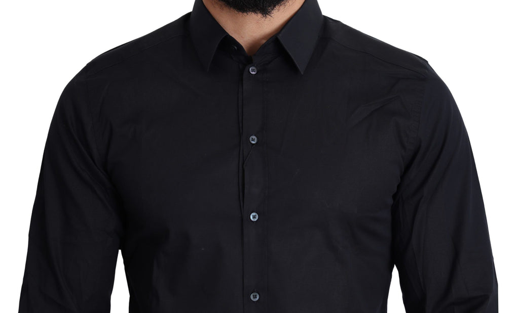 Chemise formelle en coton bleu Dolce & Gabbana avec détails dorés, élégante et sophistiquée pour homme.